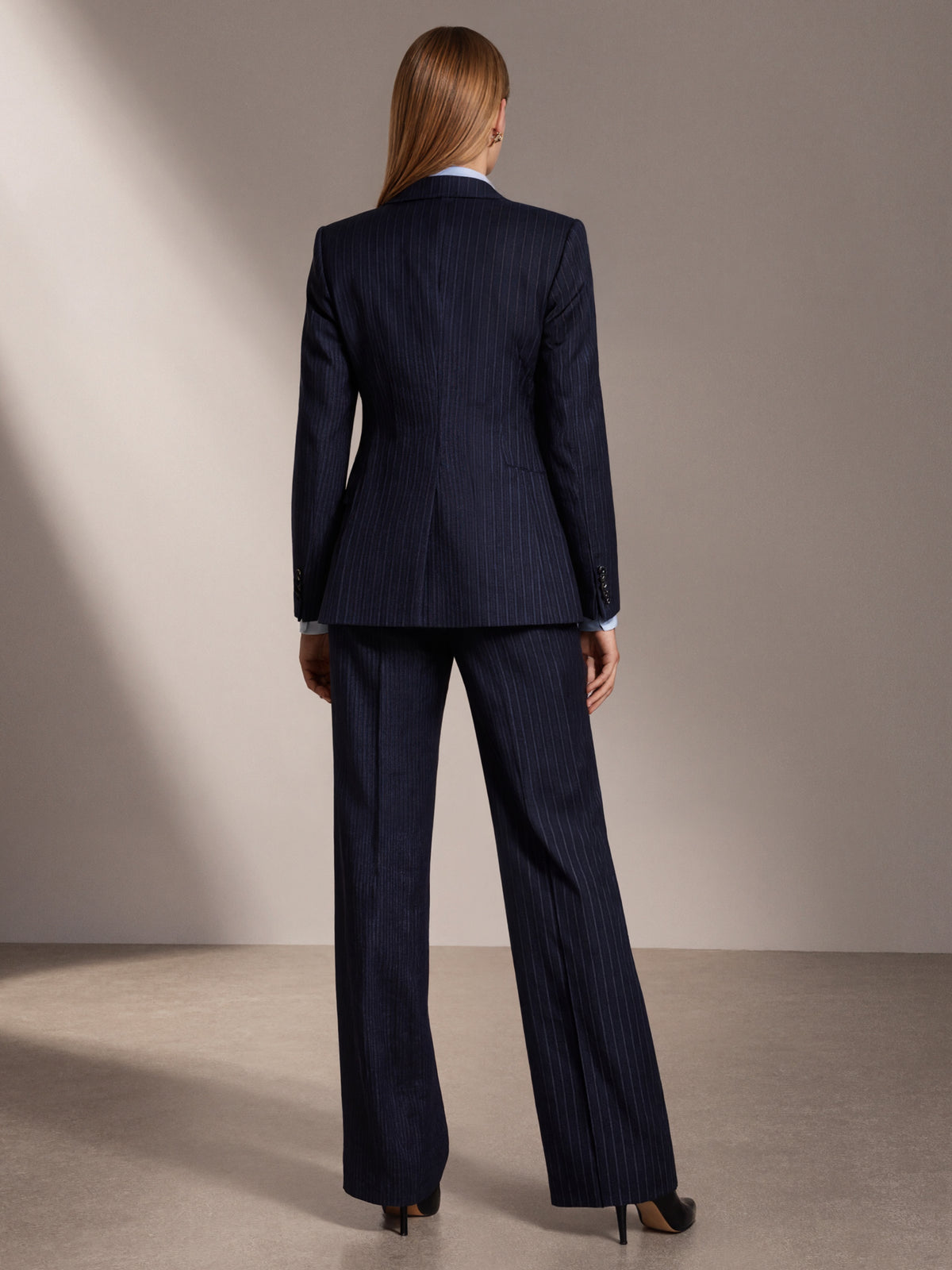 Dark Blue Pinstripe Blazer And V-Neck Vest Paired With High Waisted Wide Leg Pants 3-Piece Suit