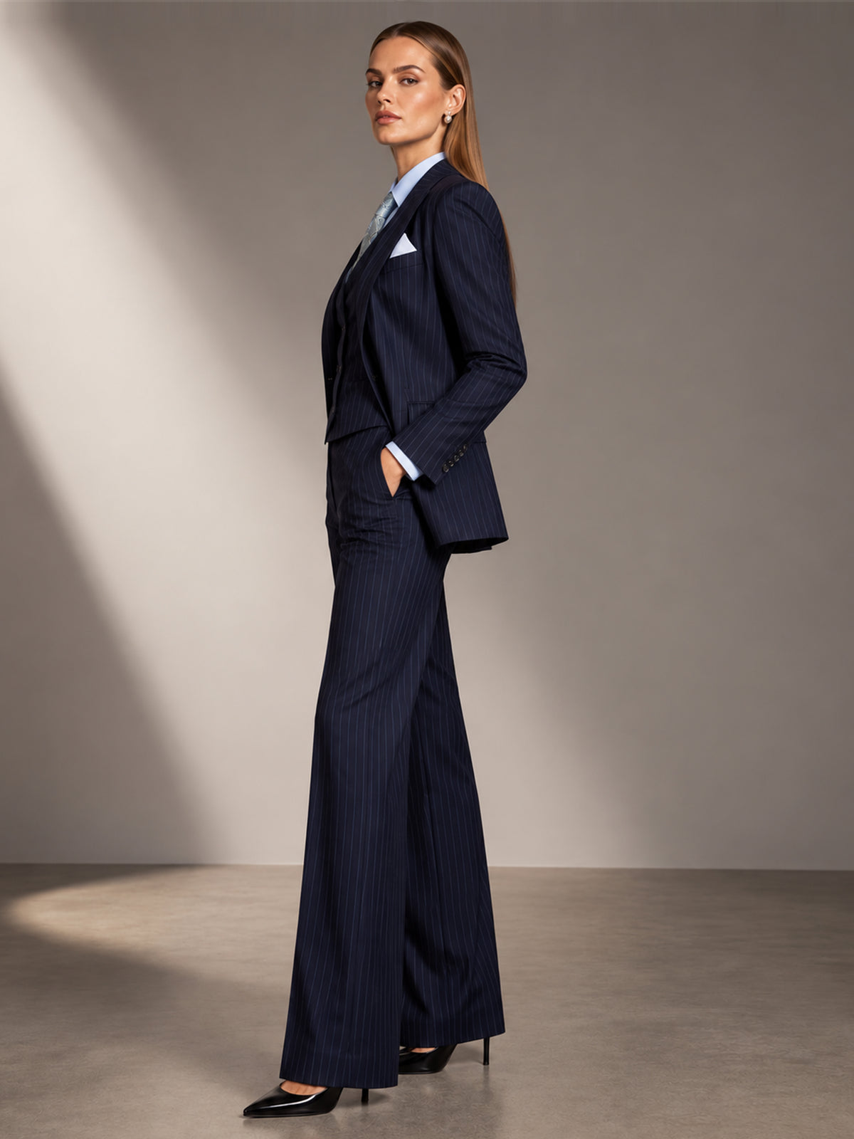 Dark Blue Pinstripe Blazer And V-Neck Vest Paired With High Waisted Wide Leg Pants 3-Piece Suit