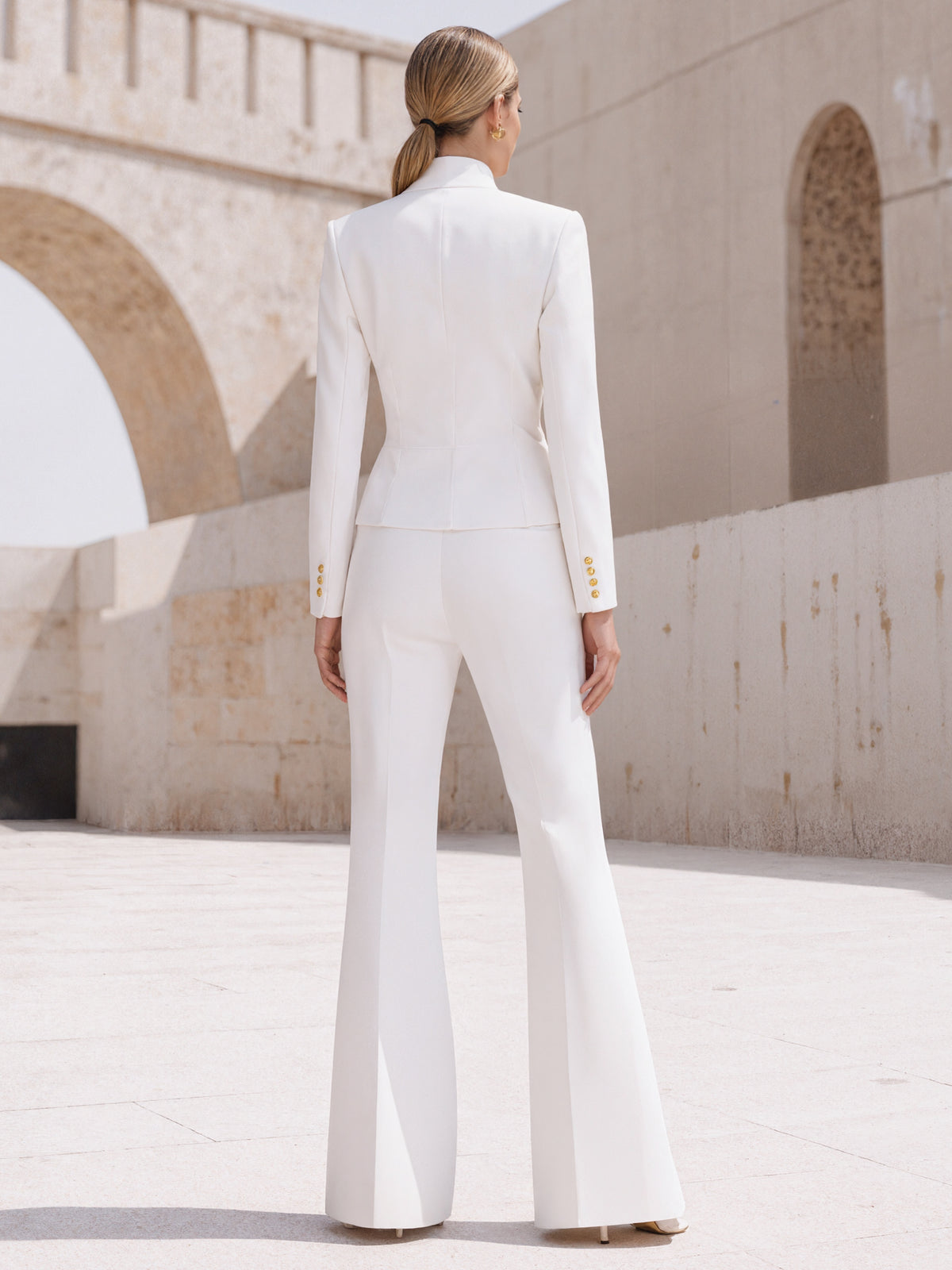 White Single Breasted Blazer With A Stand Collar And Wide Leg Flared Pants 2-Piece Suit