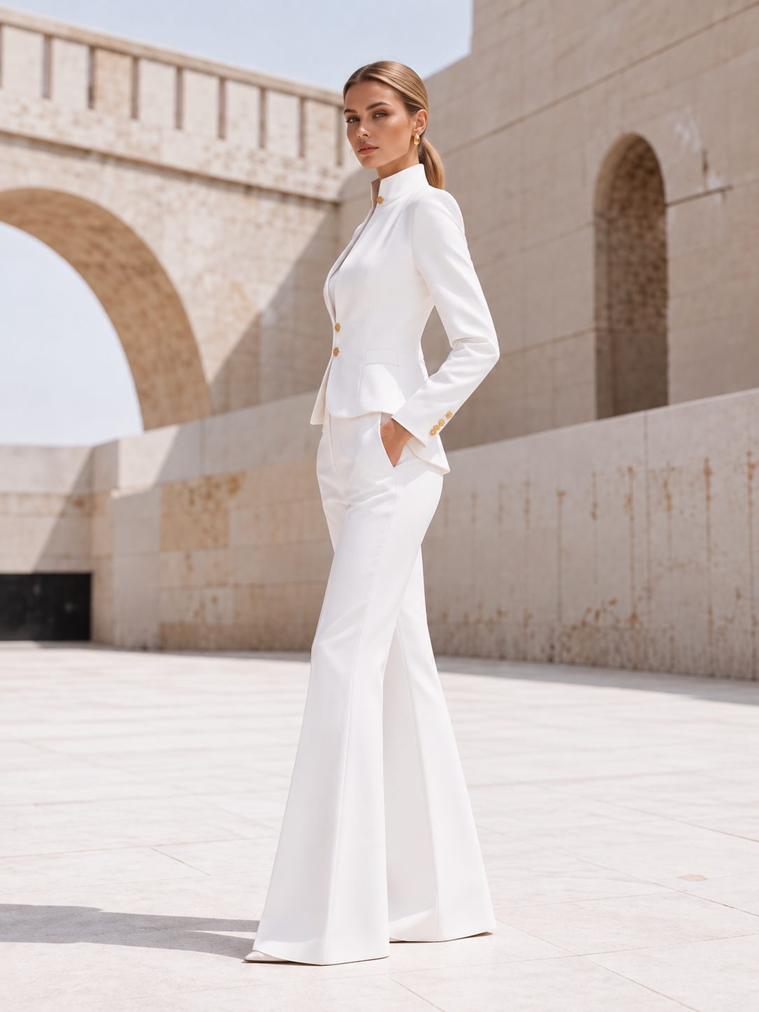 White Single Breasted Blazer With A Stand Collar And Wide Leg Flared Pants 2-Piece Suit