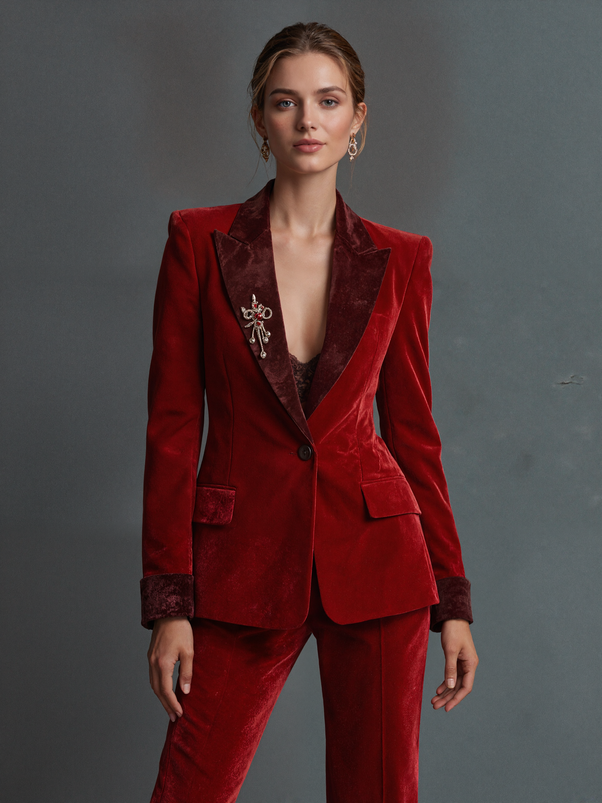 Red Velvet Blazer With Peak Lapels And Wide Leg Pants 2-Piece Suit