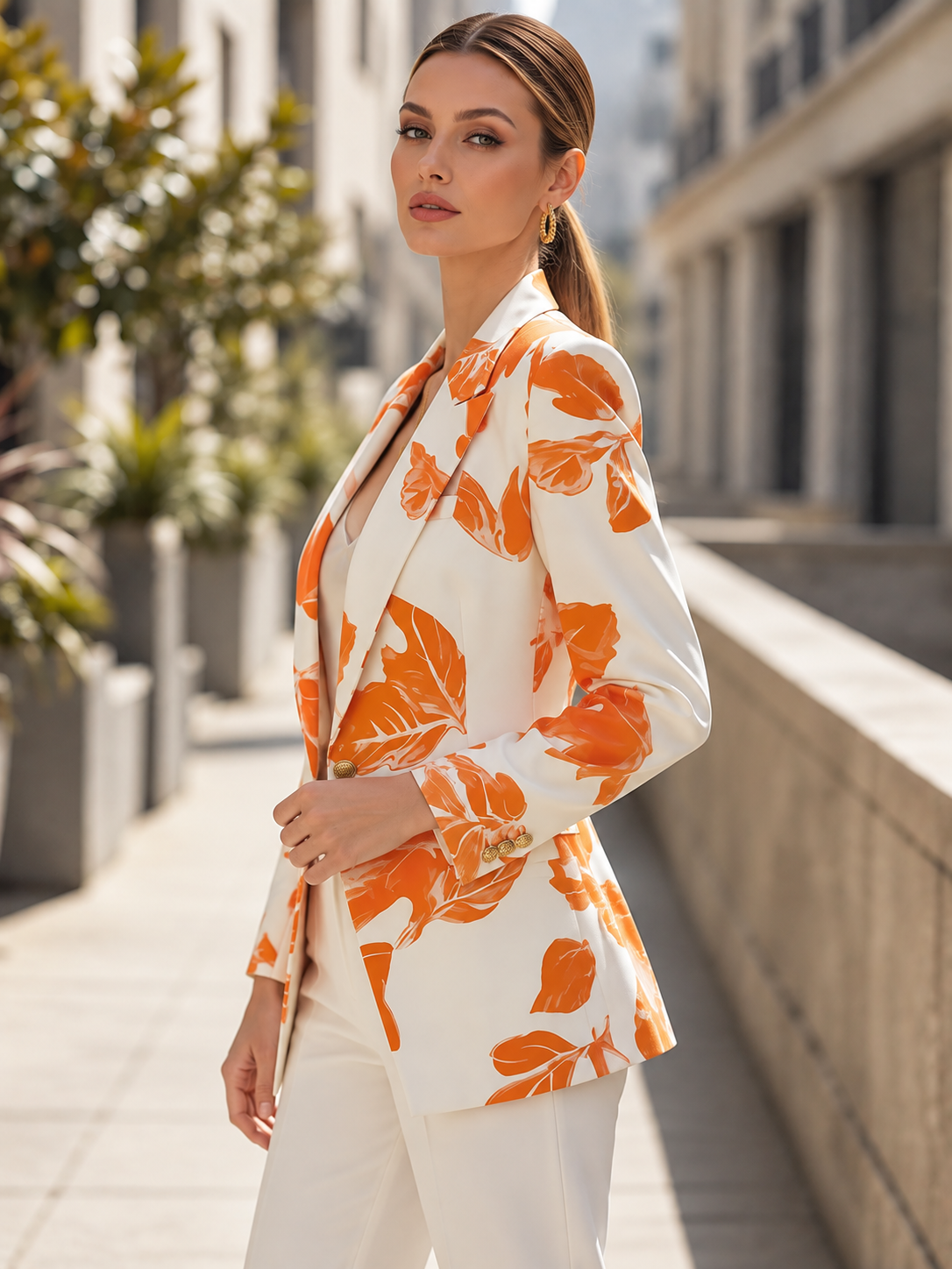 Orange Botanical Print Single Breasted Design Blazers