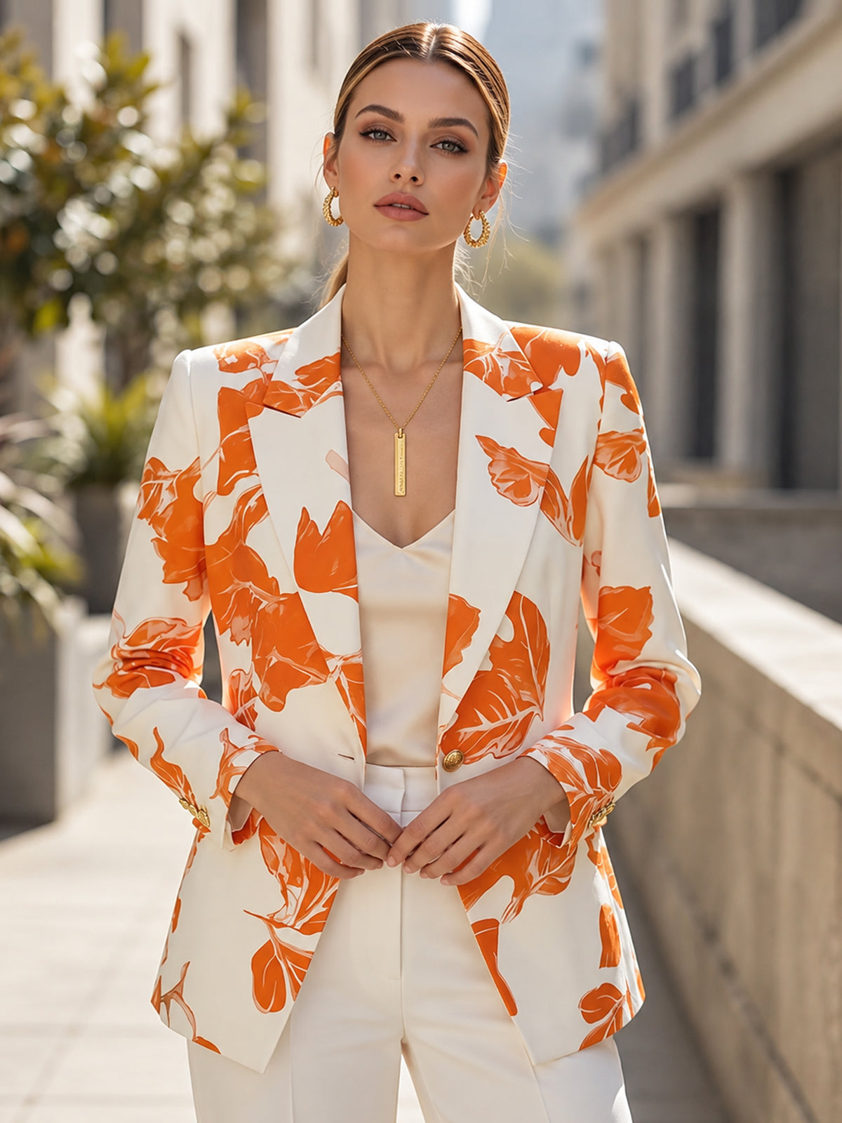 Orange Botanical Print Single Breasted Design Blazers