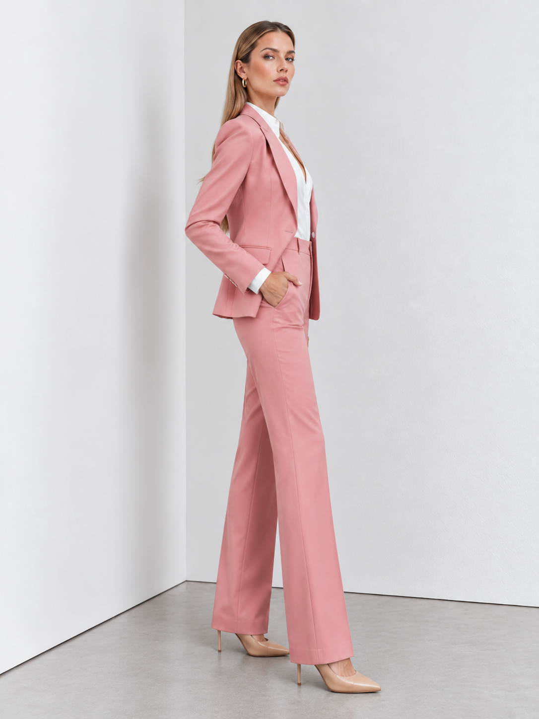 Pink Peak Lapel Fitted Blazer And Straight Leg Pants 2-Piece Suit