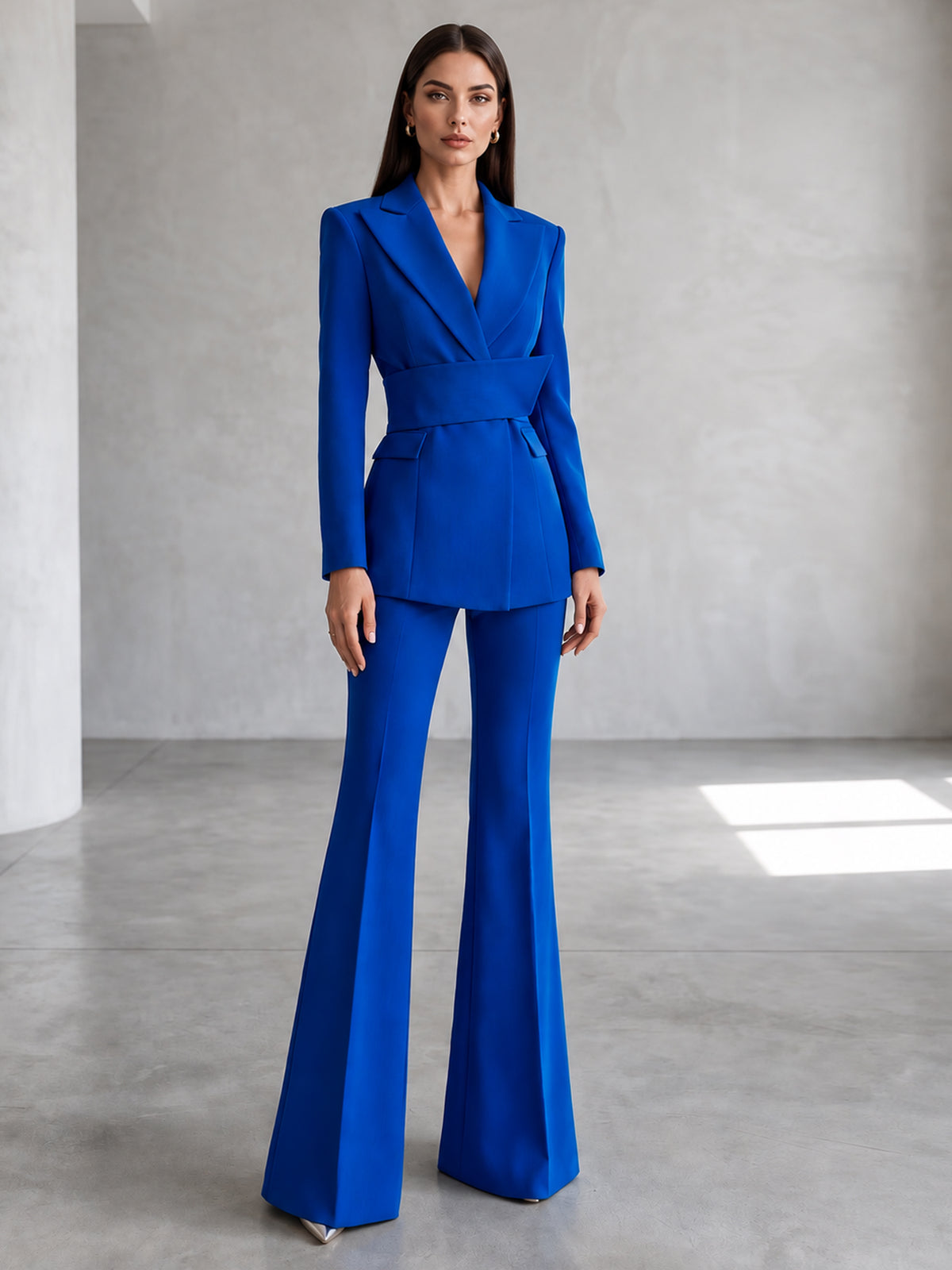 Royal Blue Blazer With Peak Lapels And A Waist Cinching Sash Paired With Wide Leg Pants 2-Piece Suit