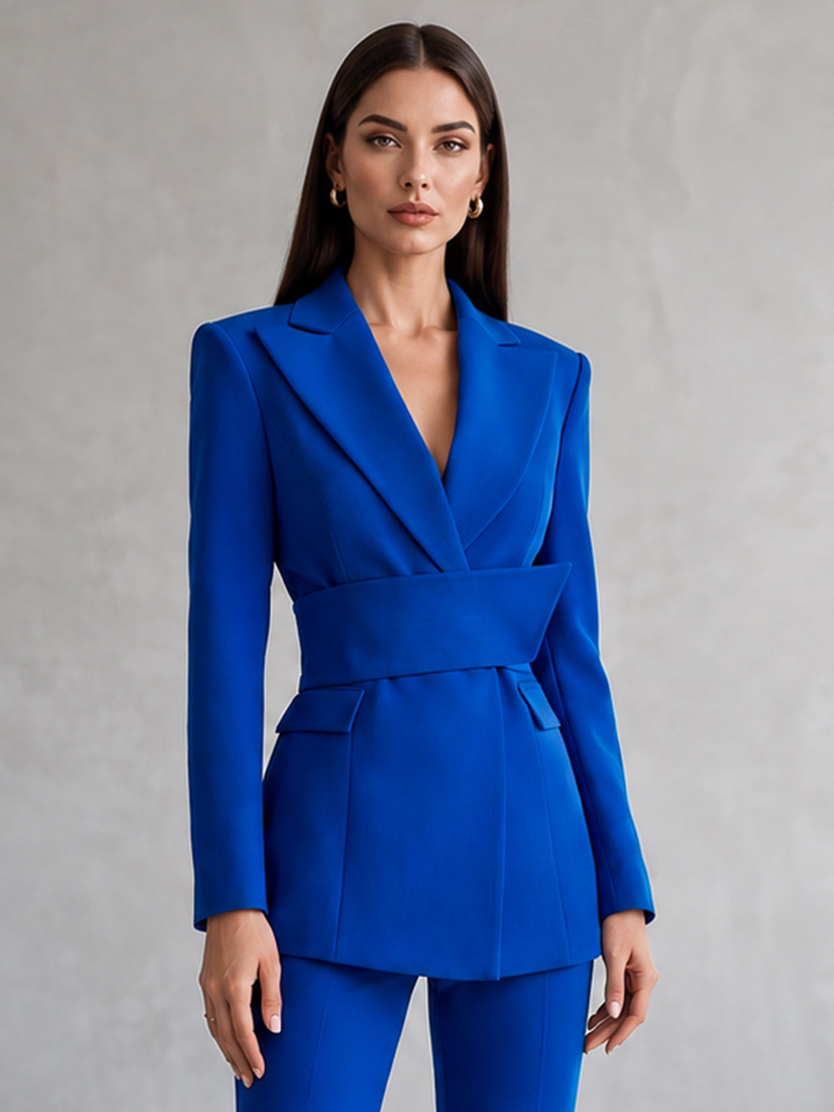 Royal Blue Blazer With Peak Lapels And A Waist Cinching Sash Paired With Wide Leg Pants 2-Piece Suit