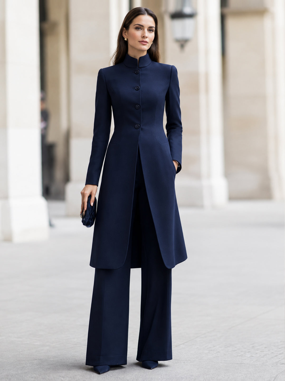 Dark Blue Long Blazer With A Stand Up Collar And Wide Leg Pants 2-Piece Suit