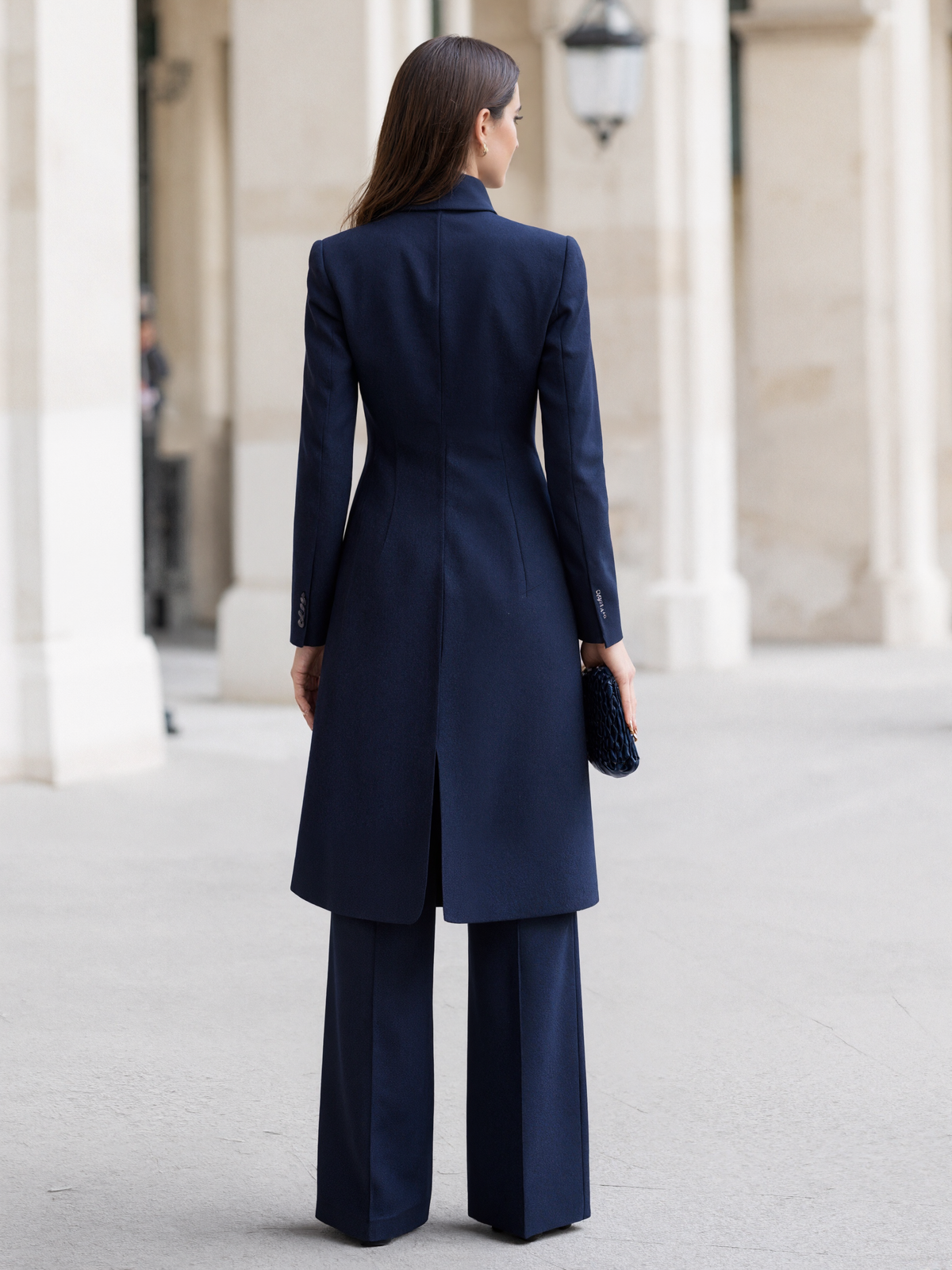 Dark Blue Long Blazer With A Stand Up Collar And Wide Leg Pants 2-Piece Suit