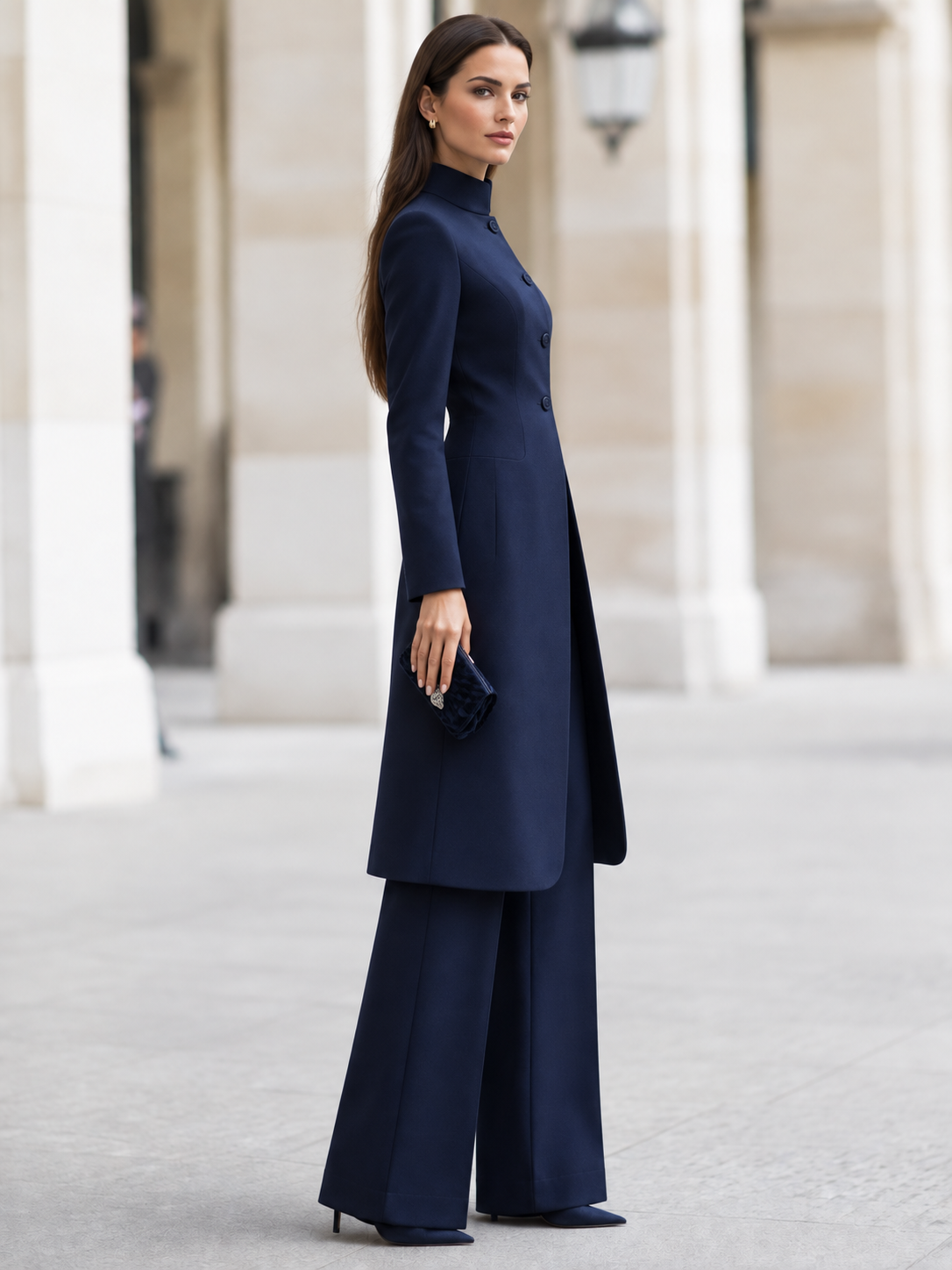 Dark Blue Long Blazer With A Stand Up Collar And Wide Leg Pants 2-Piece Suit