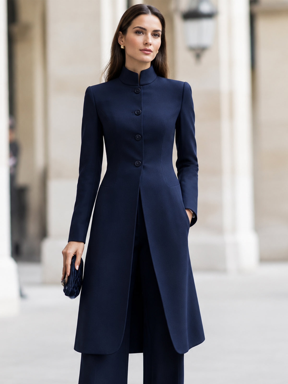 Dark Blue Long Blazer With A Stand Up Collar And Wide Leg Pants 2-Piece Suit