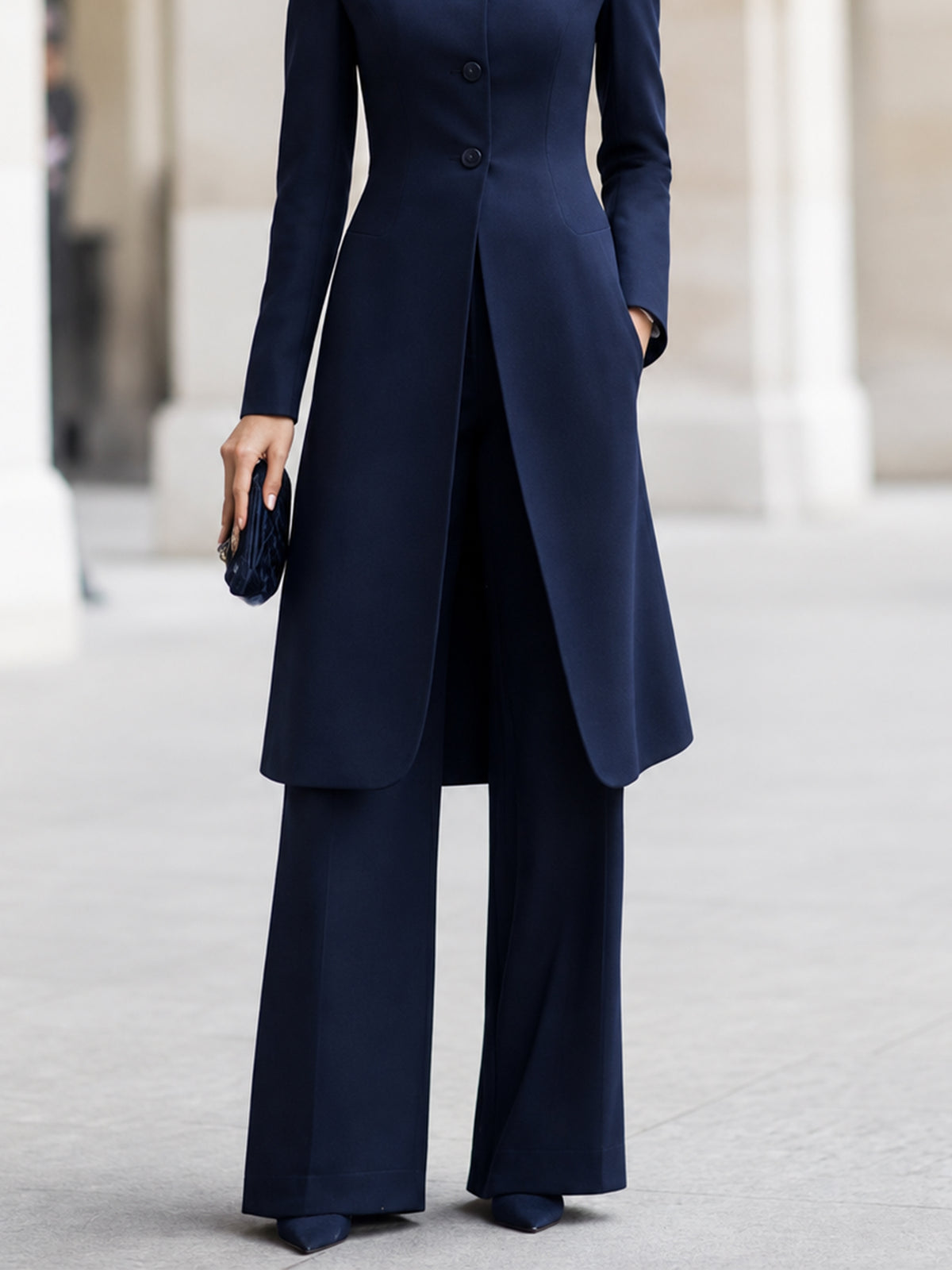 Dark Blue Long Blazer With A Stand Up Collar And Wide Leg Pants 2-Piece Suit