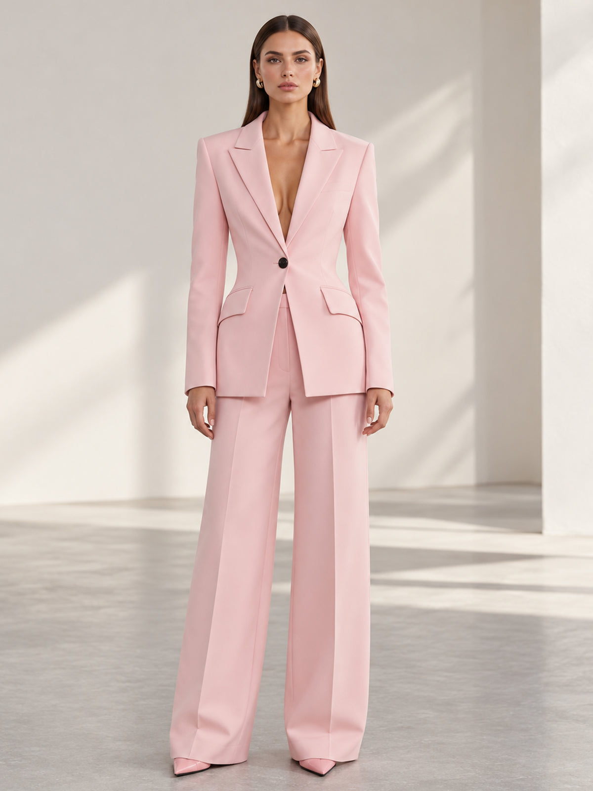 Pink Peak Lapel Blazer And Wide Leg Pants 2-Piece Suit