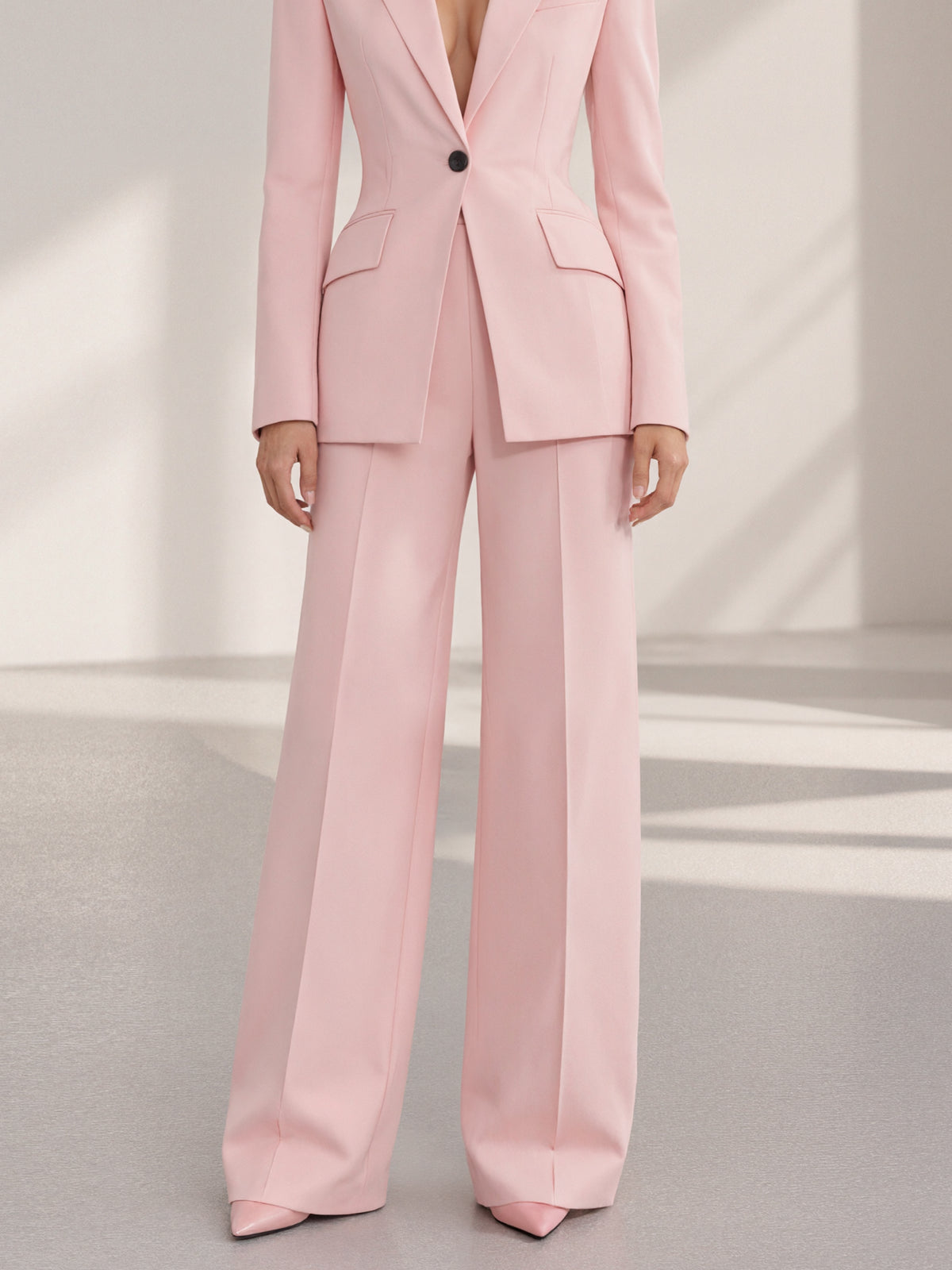 Pink Peak Lapel Blazer And Wide Leg Pants 2-Piece Suit