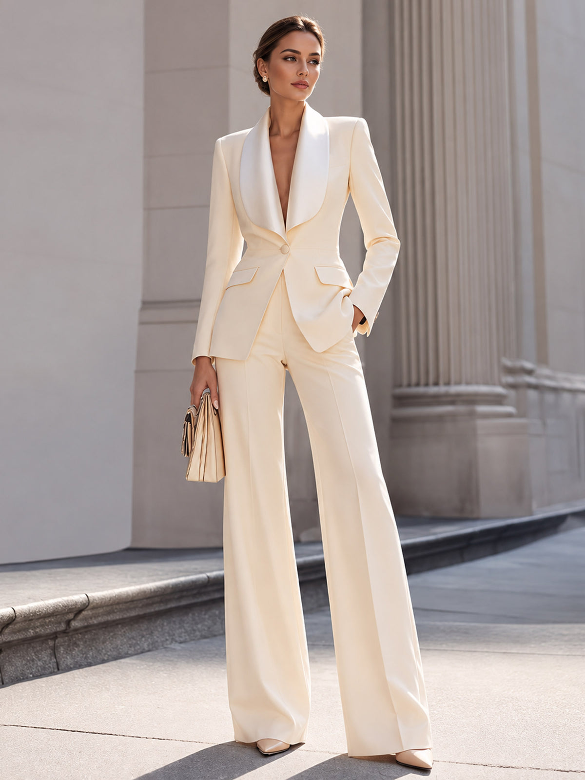 Cream Satin Shawl Lapel Single-breasted Blazer & Wide Leg Trousers 2-Piece Suit