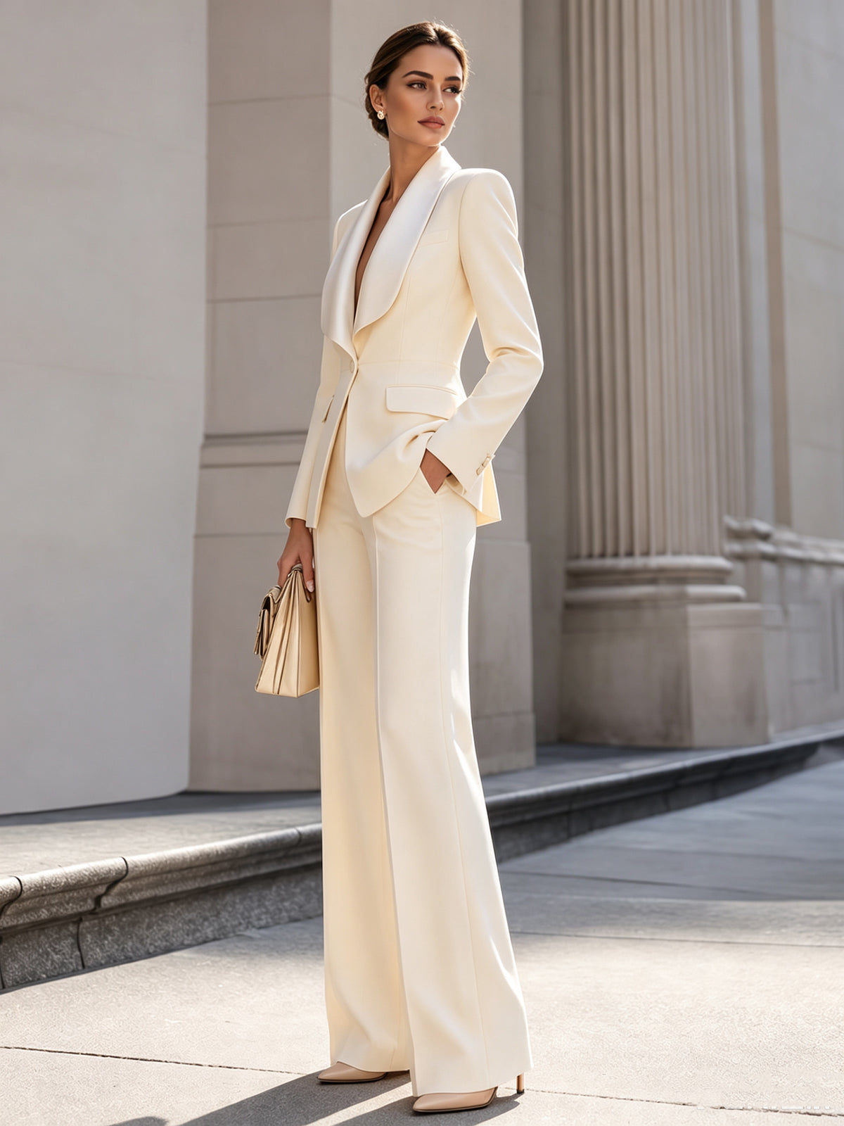 Cream Satin Shawl Lapel Single-breasted Blazer & Wide Leg Trousers 2-Piece Suit