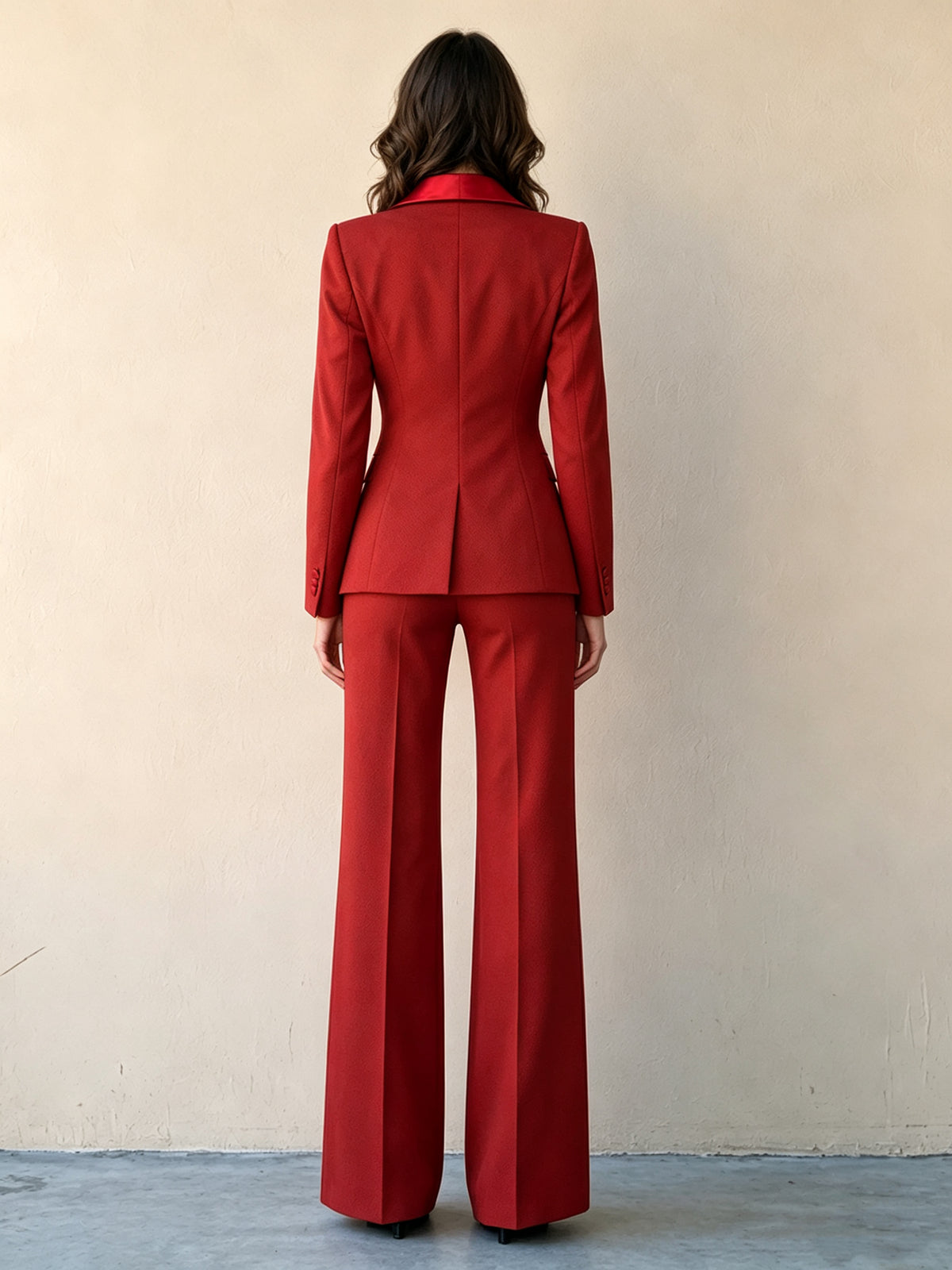 Red Satin Shawl Lapel Single-breasted Blazer & Wide Leg Pants 2-Piece Suit
