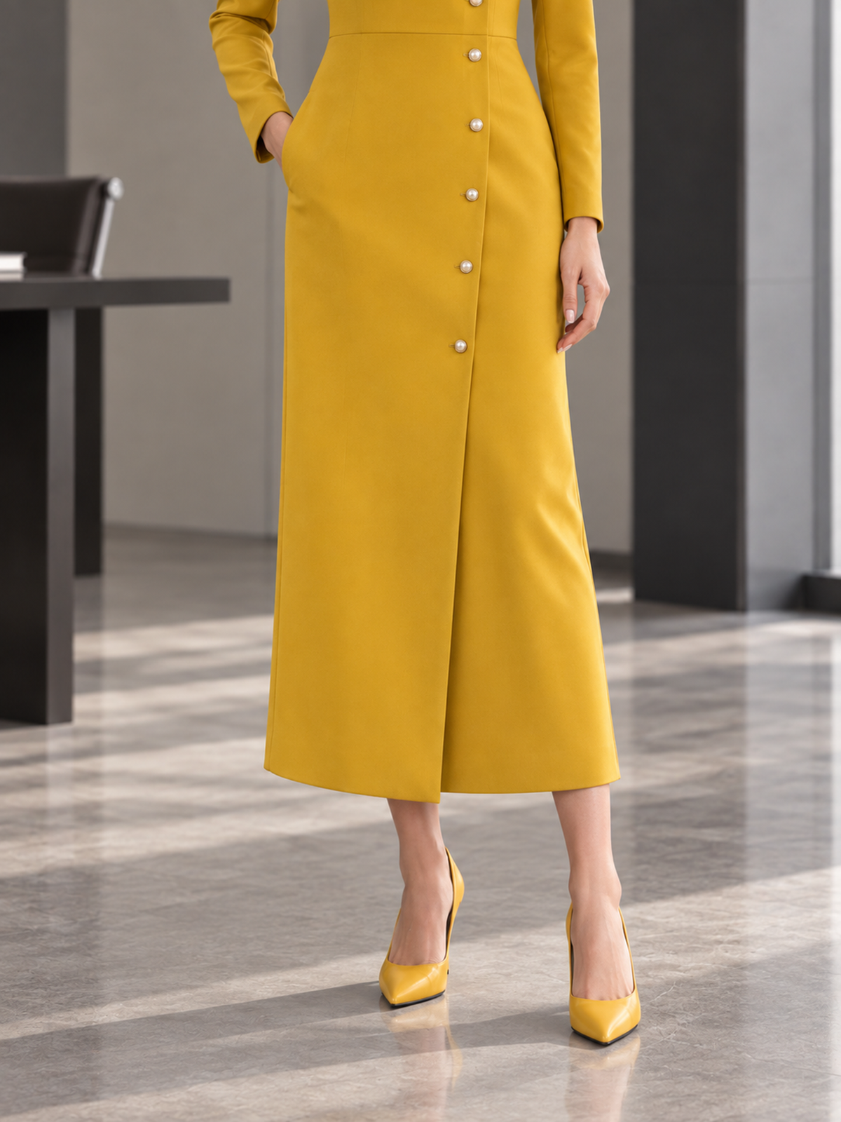 Yellow Mandarin Stand Collar Asymmetrical Long Sleeve Midi Dress