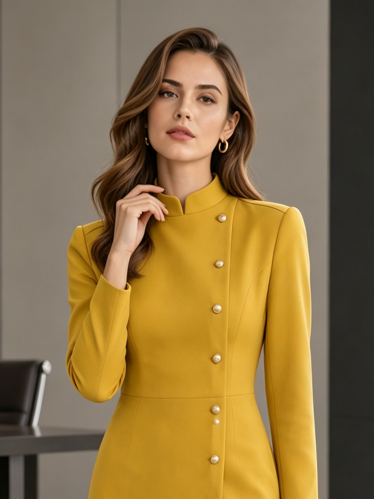 Yellow Mandarin Stand Collar Asymmetrical Long Sleeve Midi Dress
