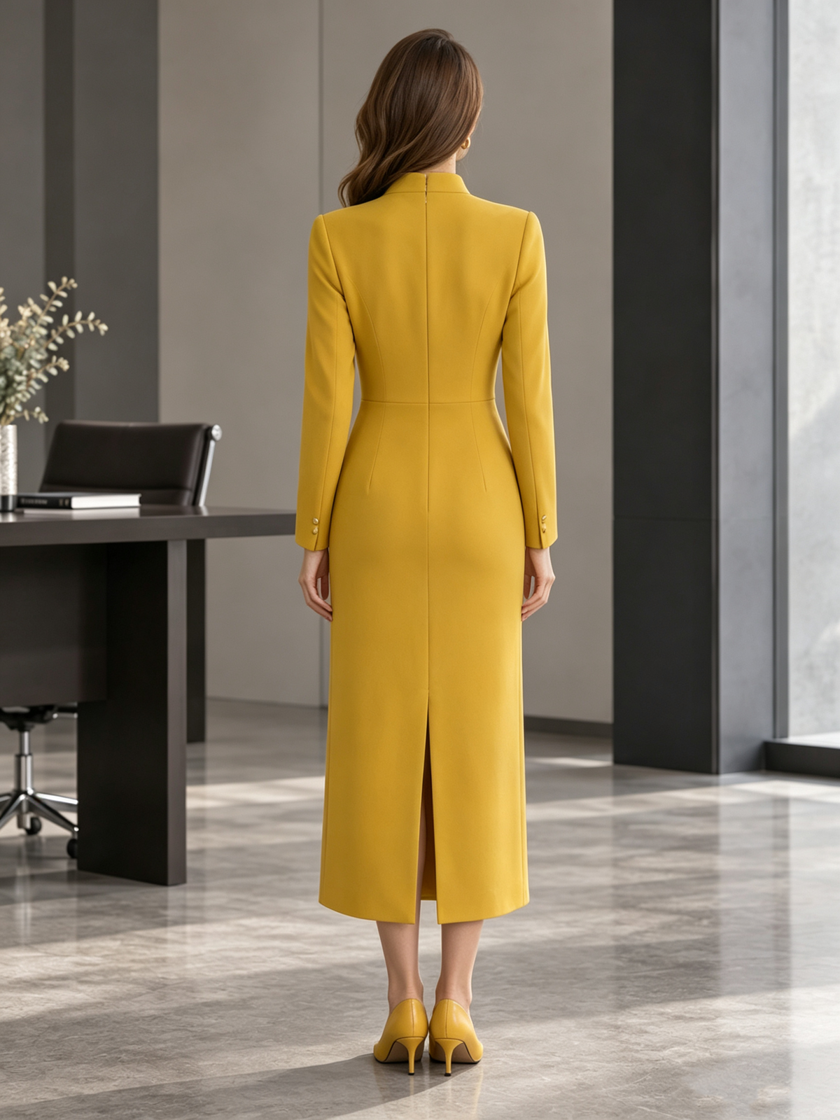 Yellow Mandarin Stand Collar Asymmetrical Long Sleeve Midi Dress