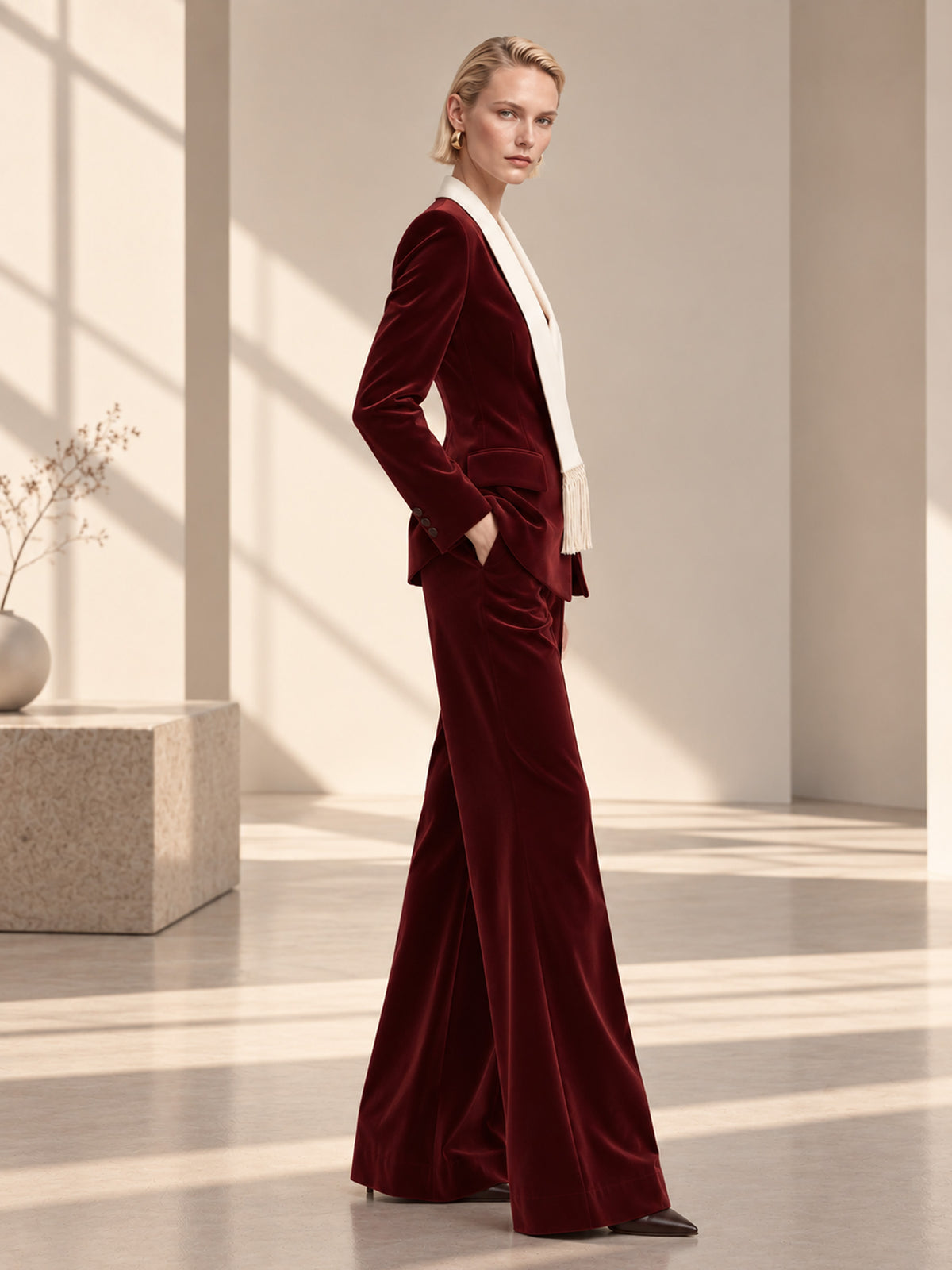Dark Red Velvet & Off-White Asymmetrical Lapel Tassel Blazer & Wide Leg Pants 2-Piece Suit