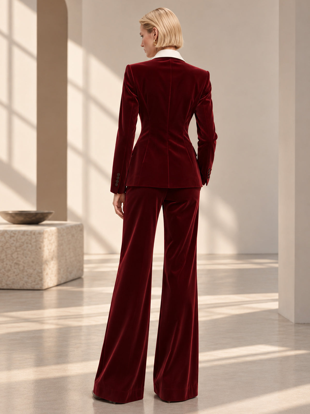 Dark Red Velvet & Off-White Asymmetrical Lapel Tassel Blazer & Wide Leg Pants 2-Piece Suit