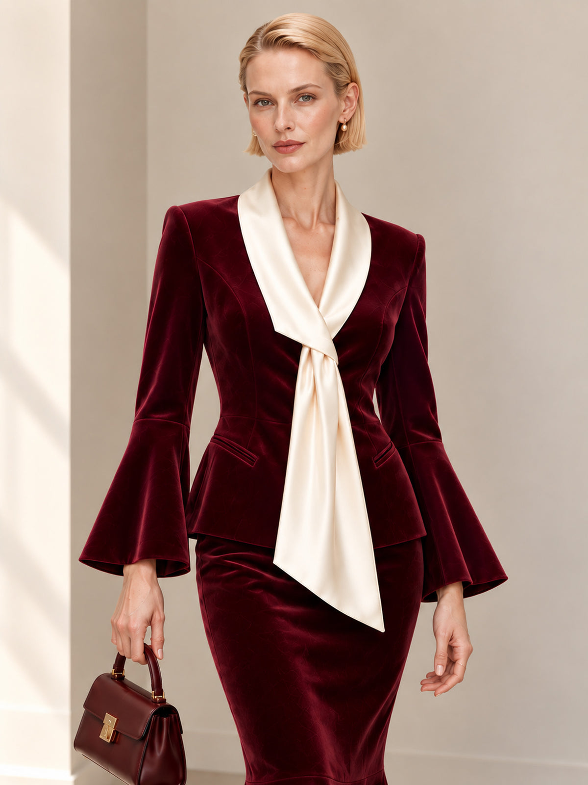 Dark Red Velvet Off-White Asymmetrical Lapel Tassel Blazer & Fishtail Skirt 2-Piece Suit