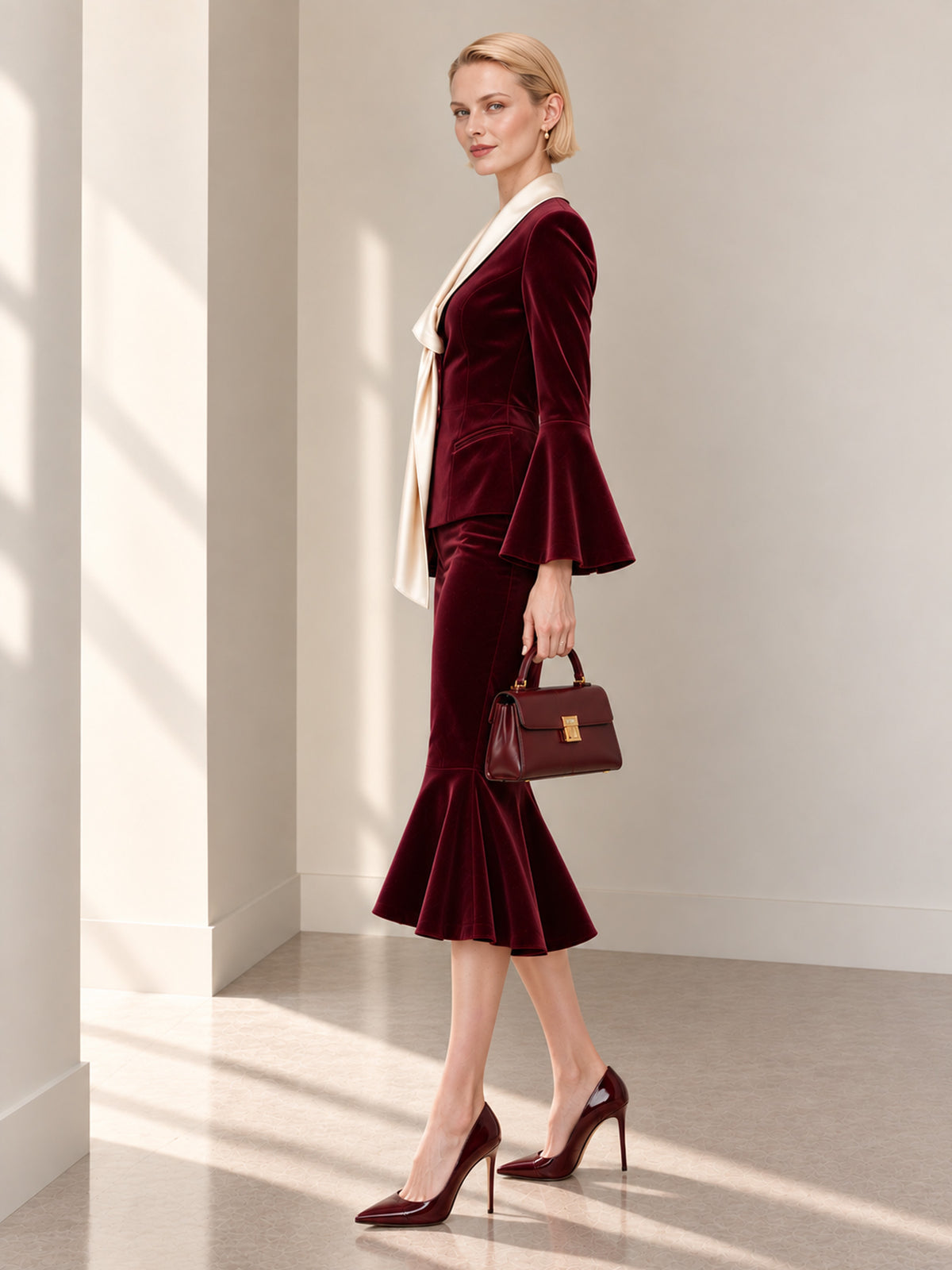 Dark Red Velvet Off-White Asymmetrical Lapel Tassel Blazer & Fishtail Skirt 2-Piece Suit