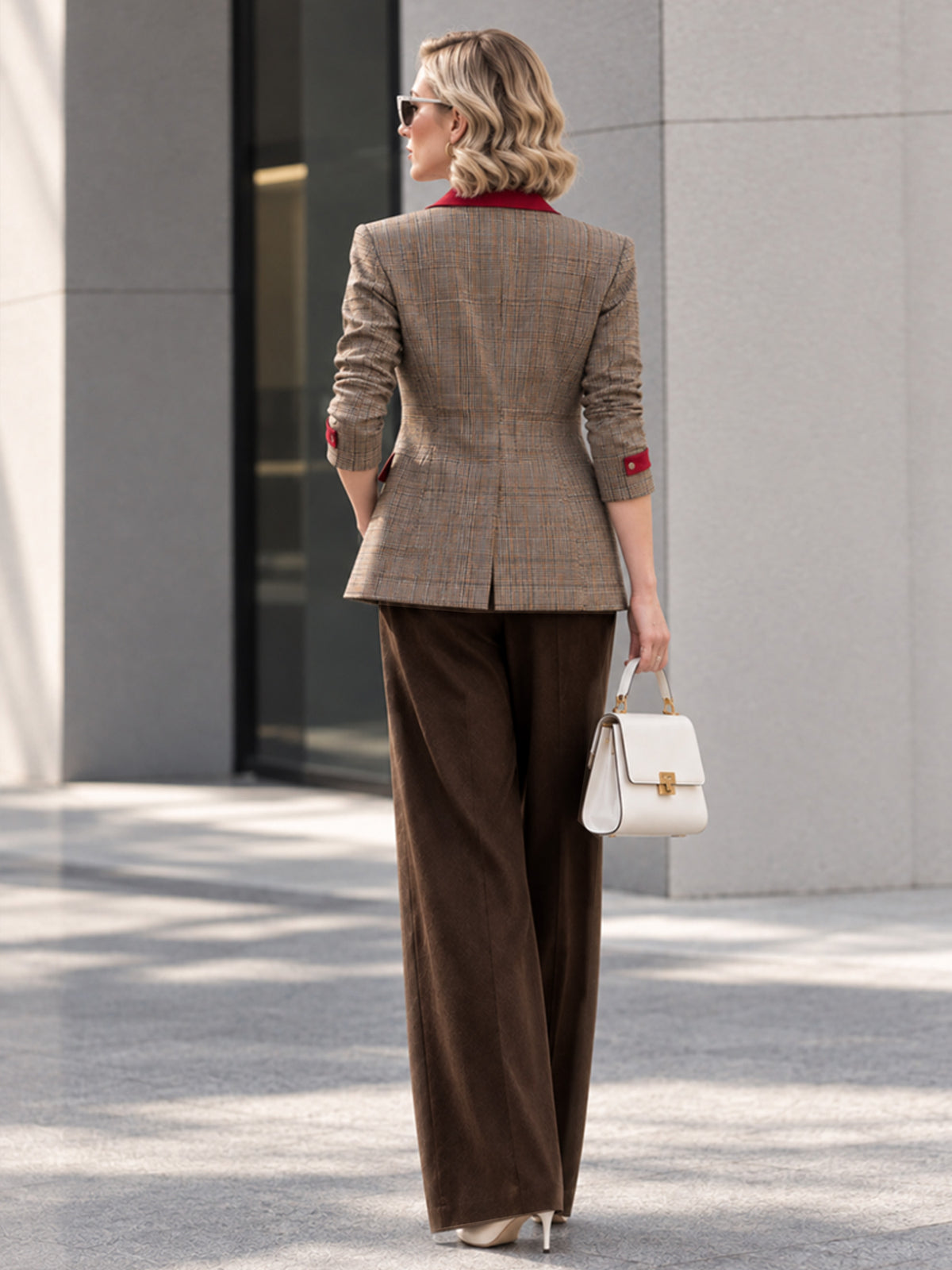 Khaki Plaid Woolen Red Peak Lapel One-Button Blazer & Khaki Wide Leg Pants 2-Piece Suit