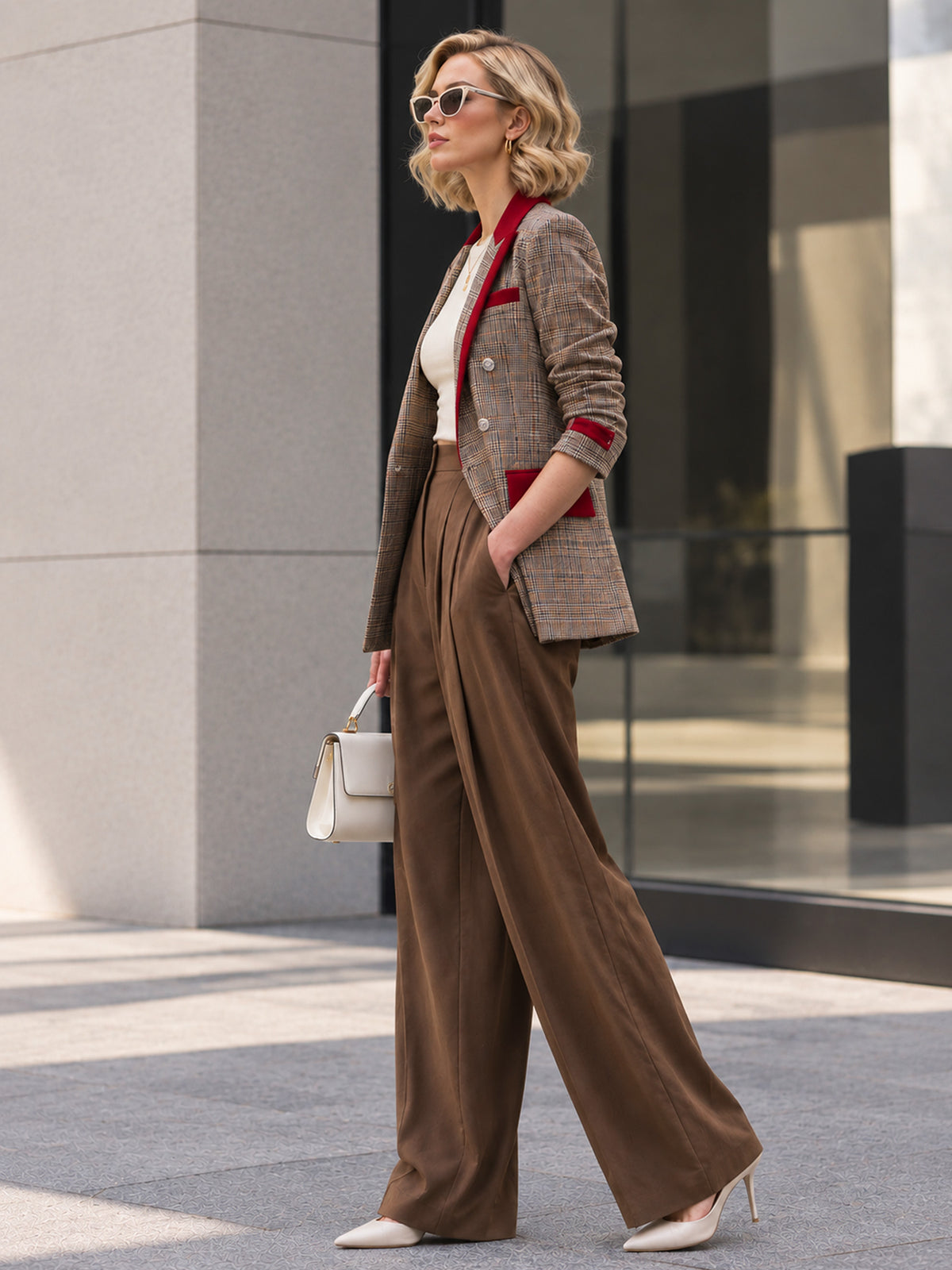 Khaki Plaid Woolen Red Peak Lapel One-Button Blazer & Khaki Wide Leg Pants 2-Piece Suit