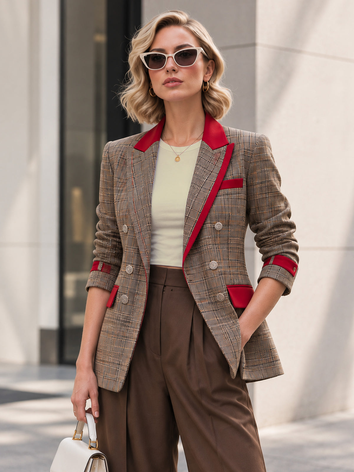 Khaki Plaid Woolen Red Peak Lapel One-Button Blazer & Khaki Wide Leg Pants 2-Piece Suit