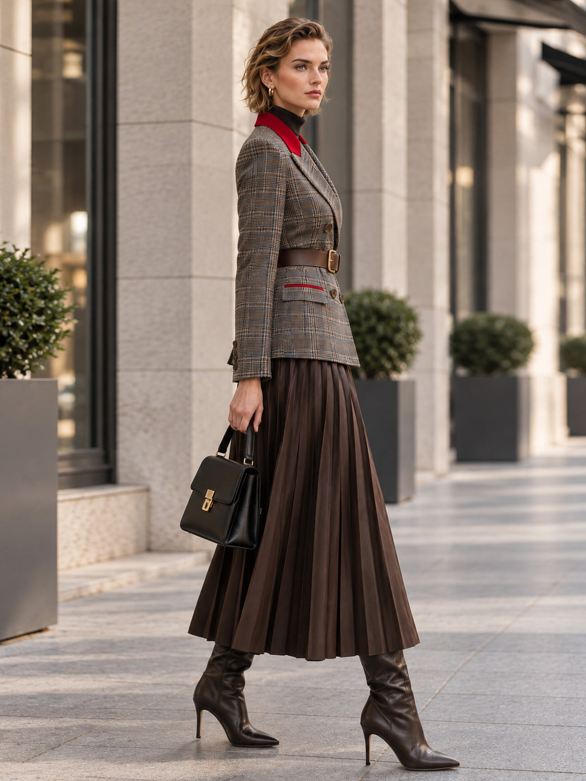 Khaki Plaid Woolen Red Peak Lapel Double-Breasted Blazer & Dark Khaki Pleated Skirt 2-Piece Suit