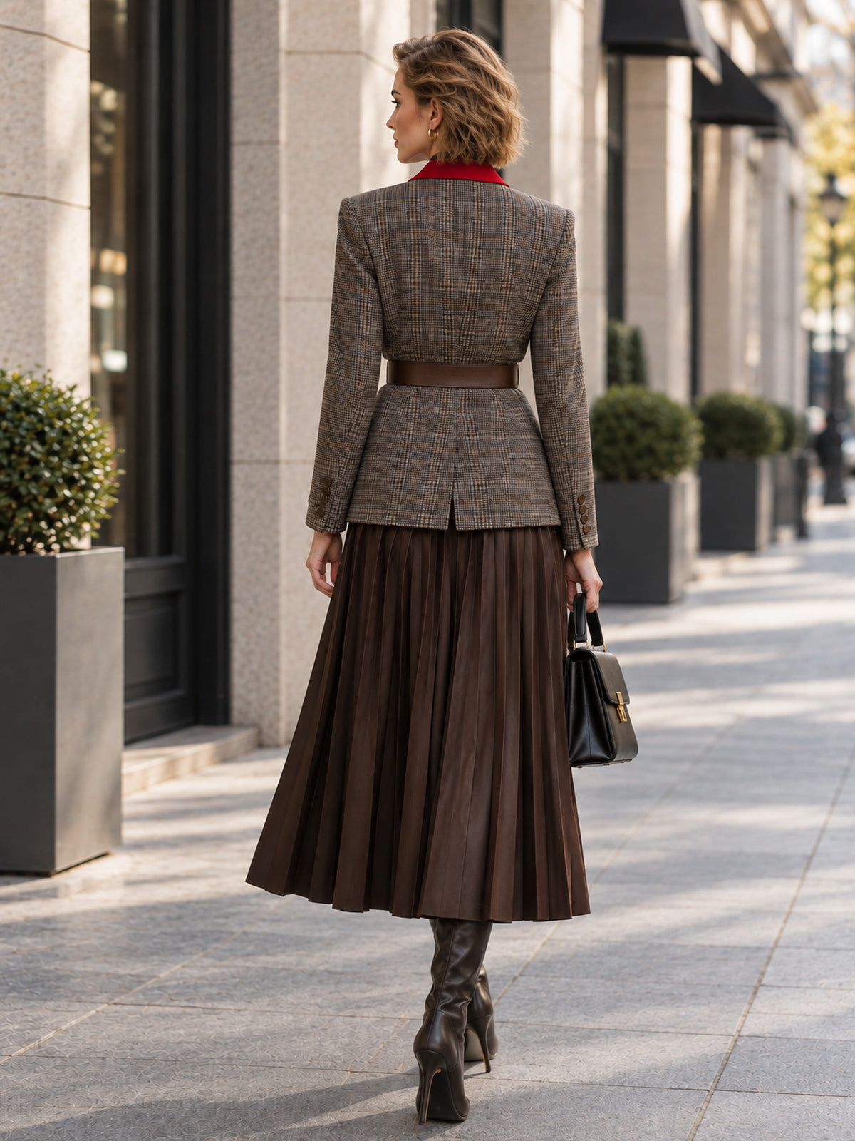 Khaki Plaid Woolen Red Peak Lapel Double-Breasted Blazer & Dark Khaki Pleated Skirt 2-Piece Suit