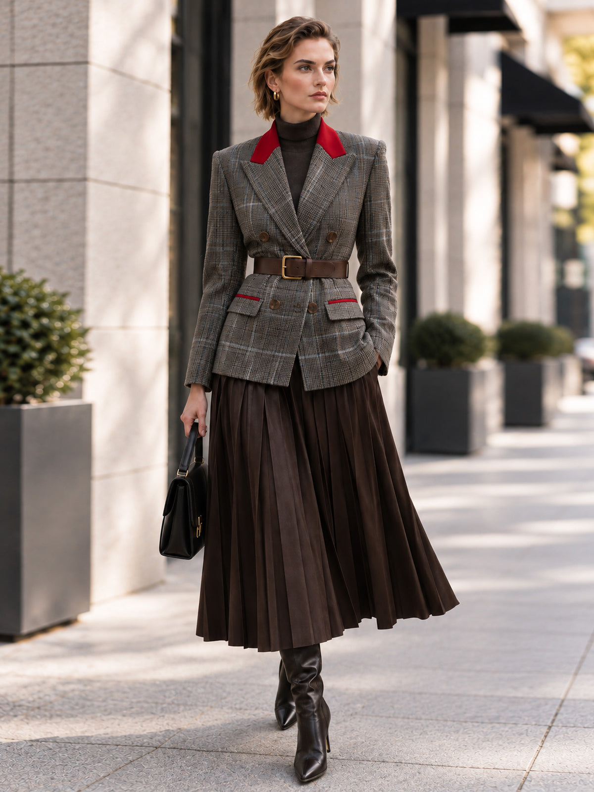 Khaki Plaid Woolen Red Peak Lapel Double-Breasted Blazer & Dark Khaki Pleated Skirt 2-Piece Suit