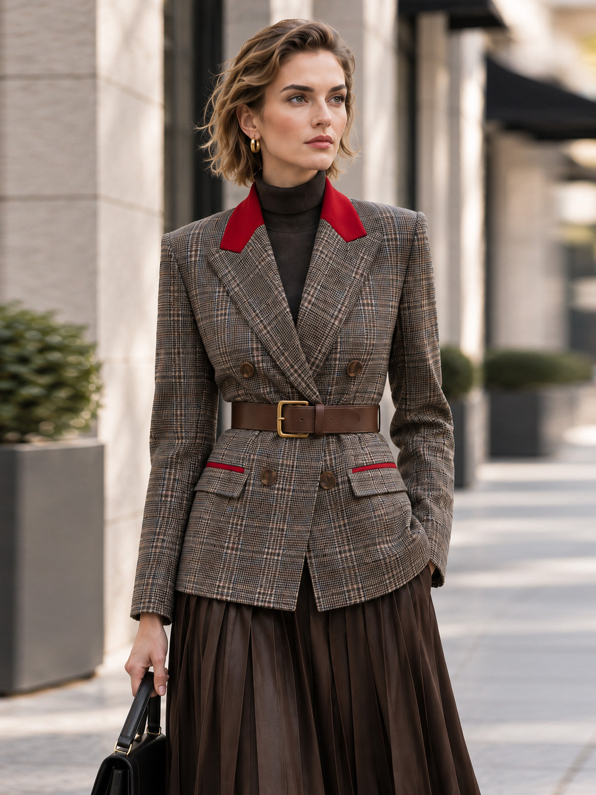 Khaki Plaid Woolen Red Peak Lapel Double-Breasted Blazer & Dark Khaki Pleated Skirt 2-Piece Suit