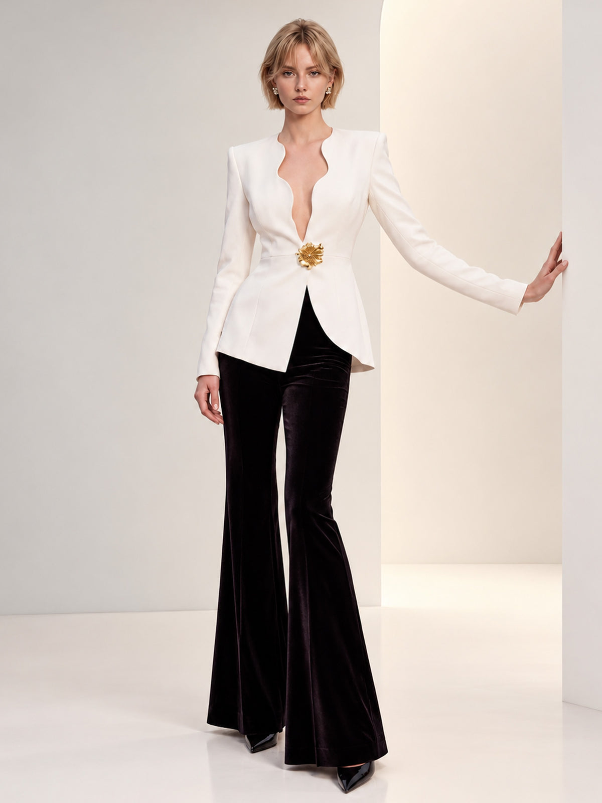 White Collarless One-Button Blazer & Black Flare Pants 2-Piece Suit
