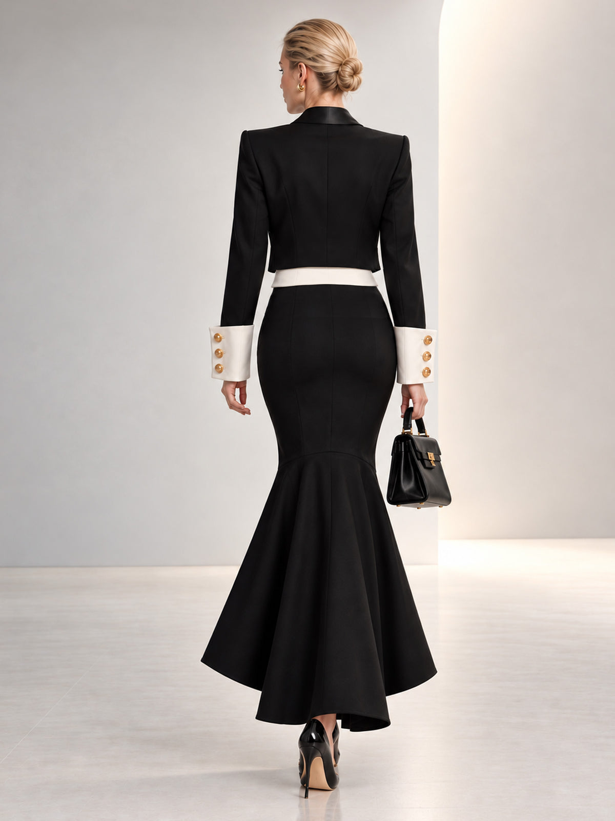Black Peak Lapel Blazer  White V-Neck Vest & Black Fishtail Skirt 3-Piece Suit