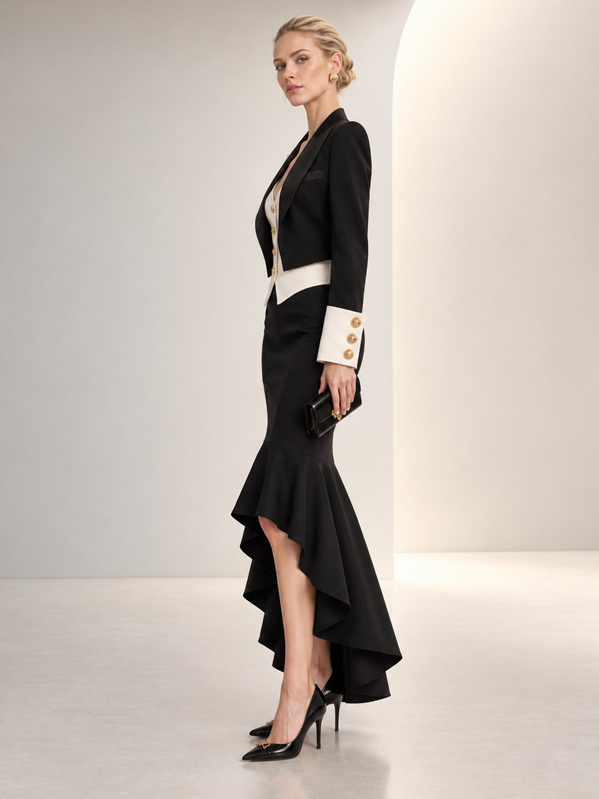 Black Peak Lapel Blazer  White V-Neck Vest & Black Fishtail Skirt 3-Piece Suit