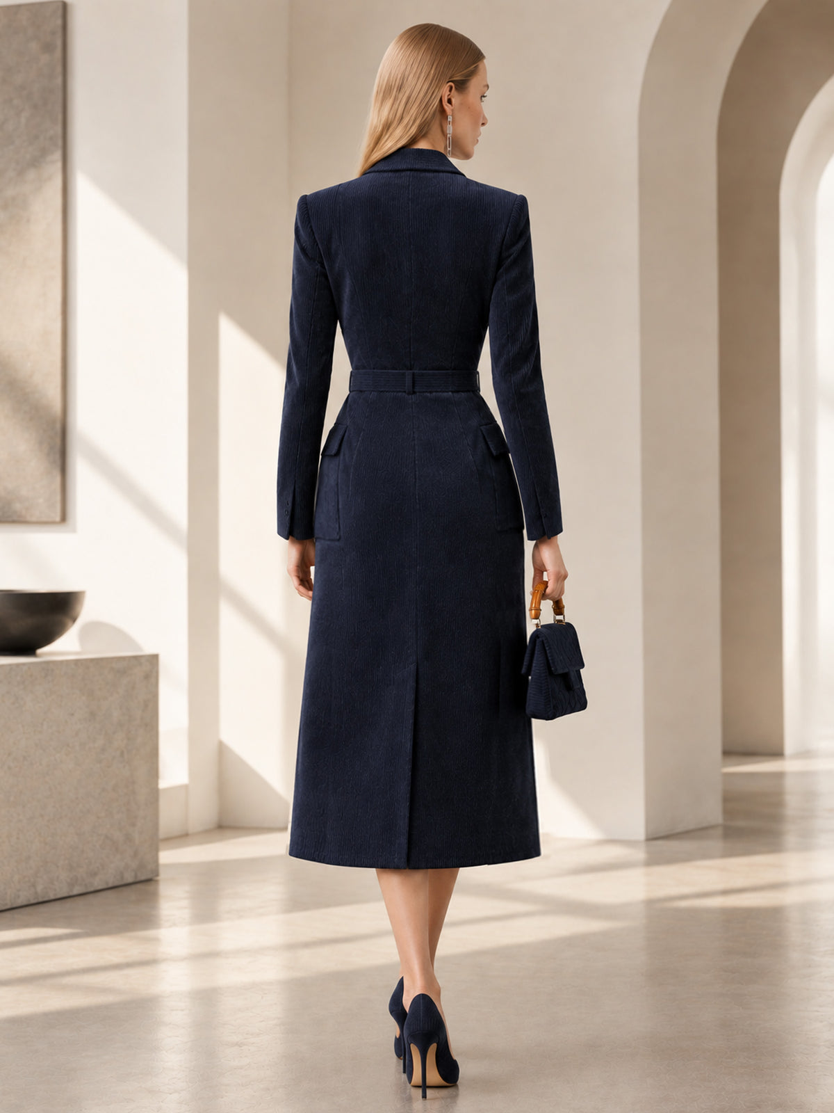 Deep Navy Corduroy Notch Lapel Double-Breasted Long Blazer