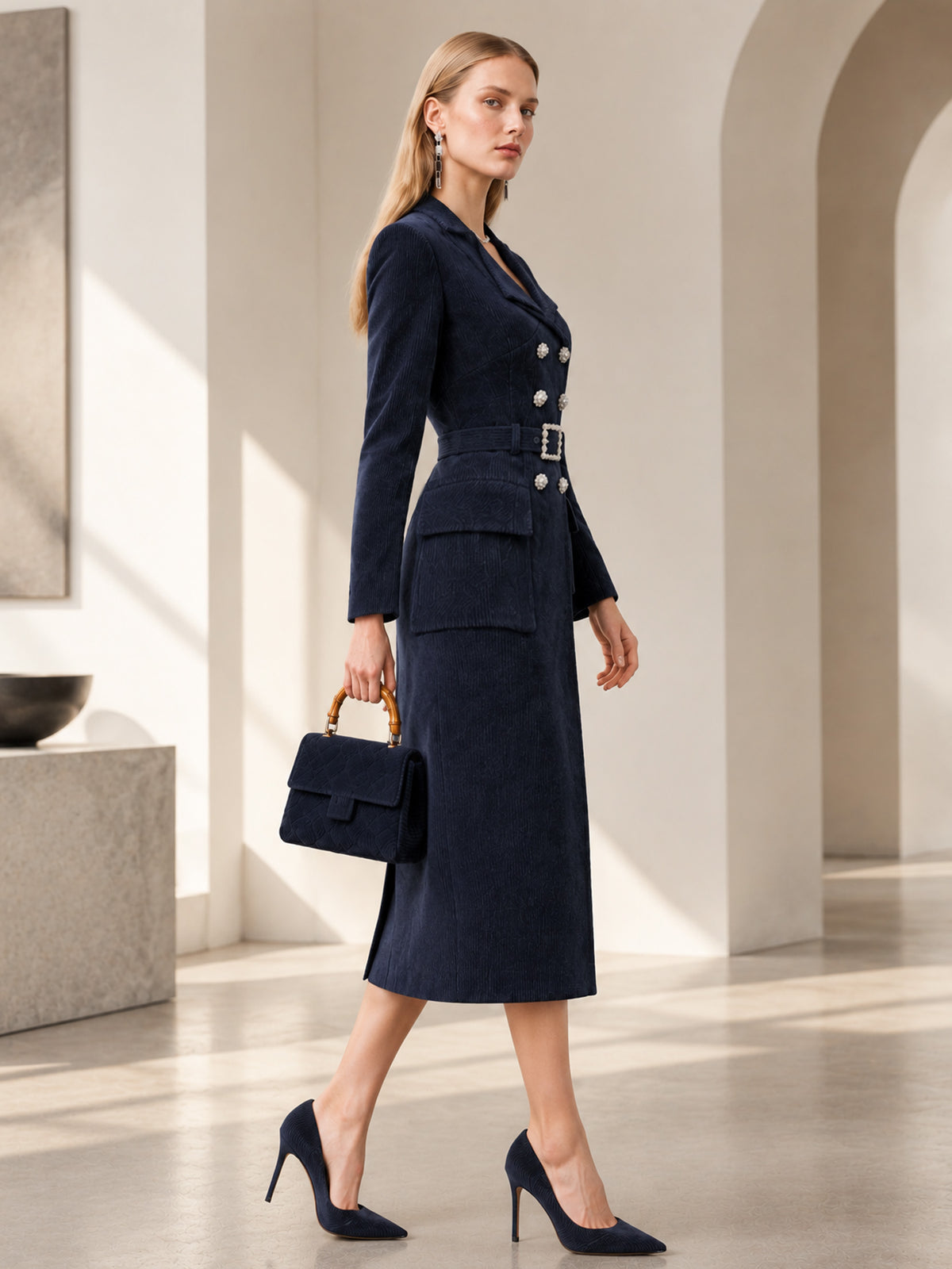 Deep Navy Corduroy Notch Lapel Double-Breasted Long Blazer