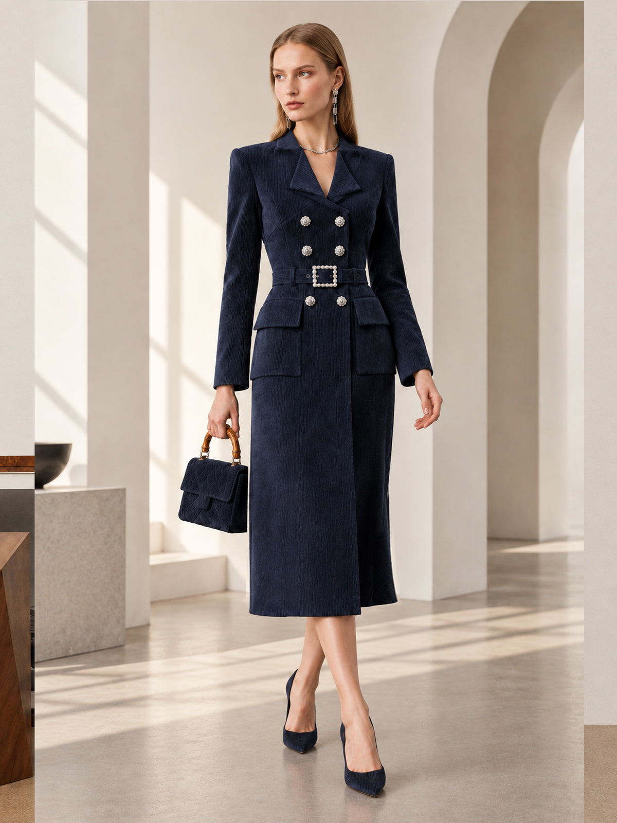 Deep Navy Corduroy Notch Lapel Double-Breasted Long Blazer