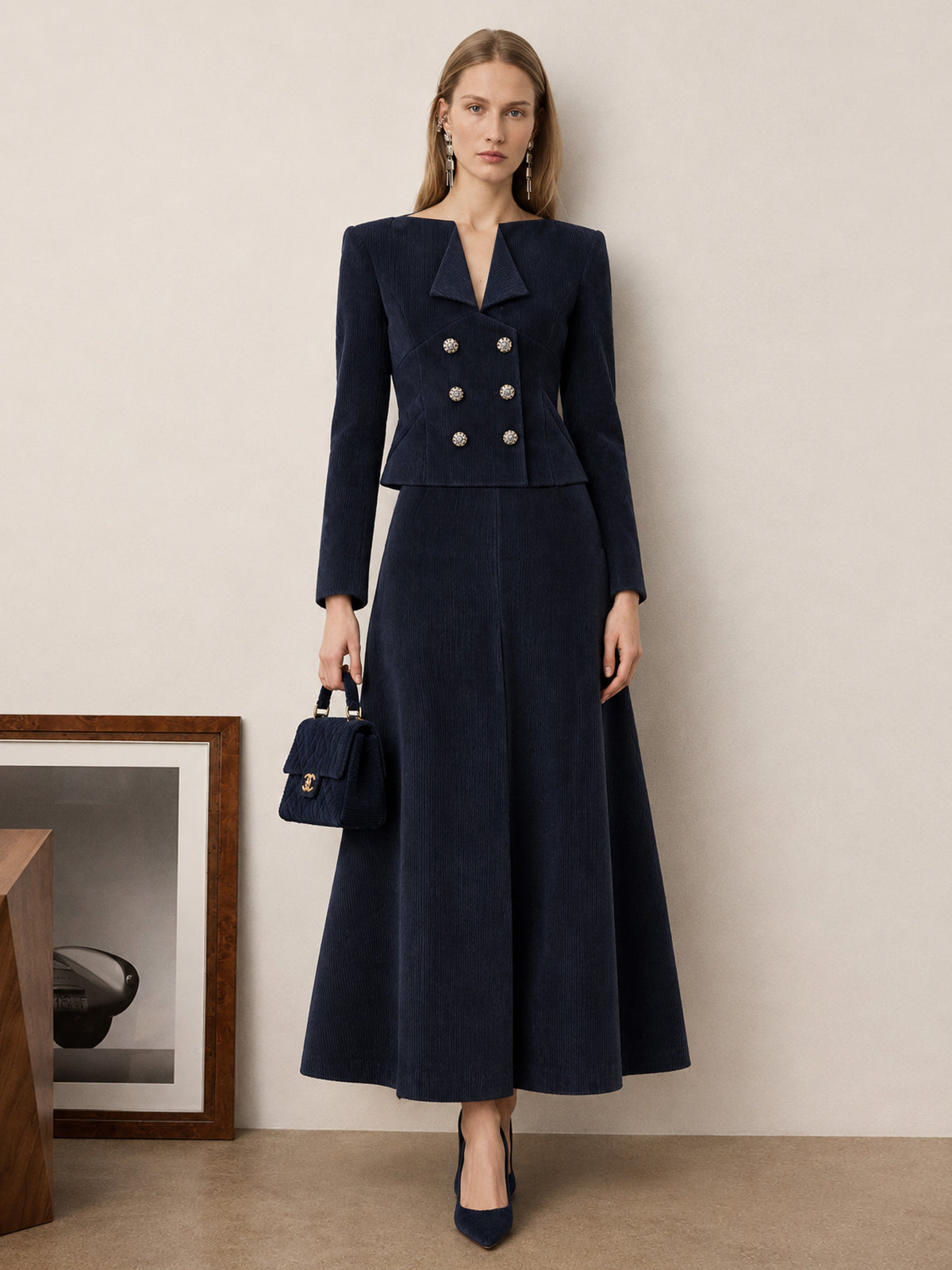 Deep Navy Corduroy V-Neck Double-Breasted Cropped Top & Flared Maxi Skirt 2-Piece Suit