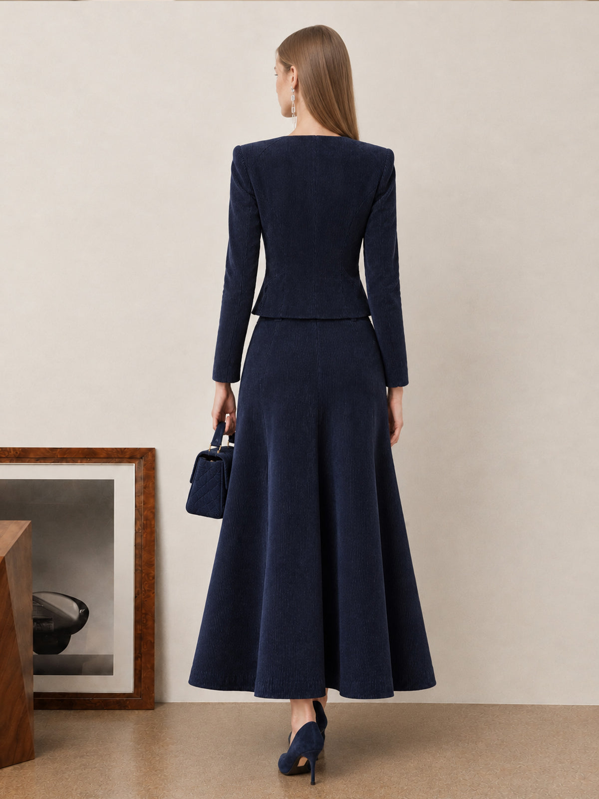 Deep Navy Corduroy V-Neck Double-Breasted Cropped Top & Flared Maxi Skirt 2-Piece Suit