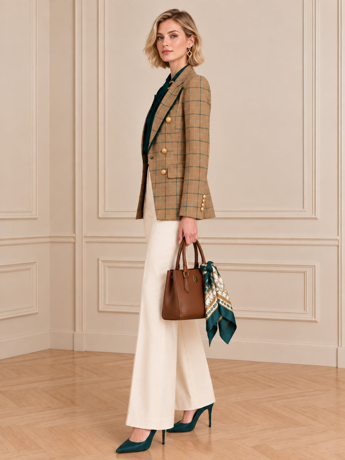 Khaki Plaid Woolen Notch Lapel Double-Breasted Blazer & White Wide-Leg Flare Pants 2-Piece Suit