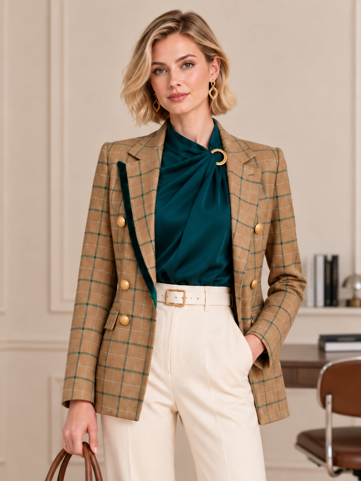 Khaki Plaid Woolen Notch Lapel Double-Breasted Blazer & White Wide-Leg Flare Pants 2-Piece Suit