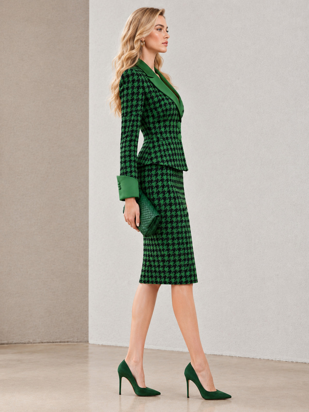 Green Houndstooth Notch Lapel Single-Breasted Blazer & Bodycon Skirt 2-Piece Suit