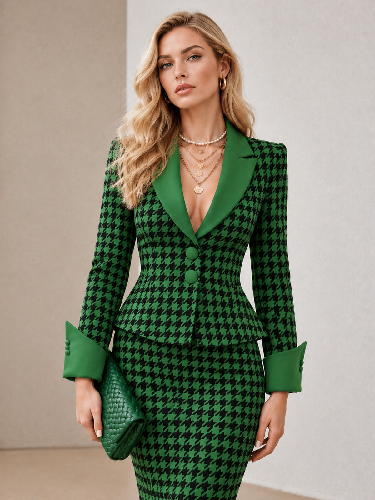 Green Houndstooth Notch Lapel Single-Breasted Blazer & Bodycon Skirt 2-Piece Suit