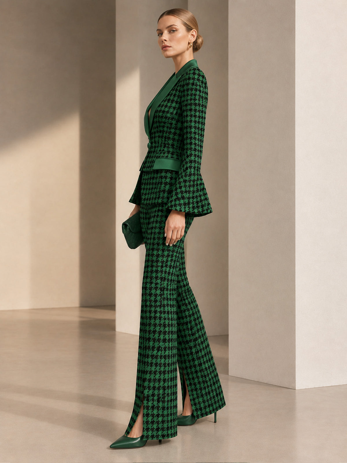 Green Houndstooth Peak Lapel One-Button Blazer & Flare Pants 2-Piece Suit