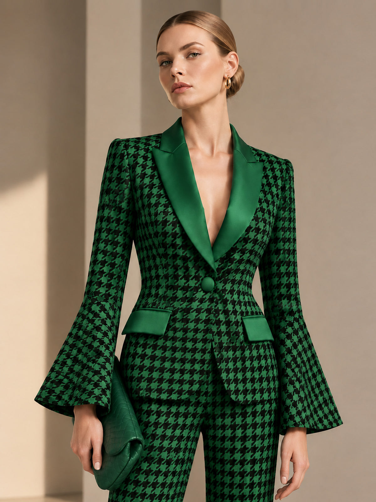Green Houndstooth Peak Lapel One-Button Blazer & Flare Pants 2-Piece Suit