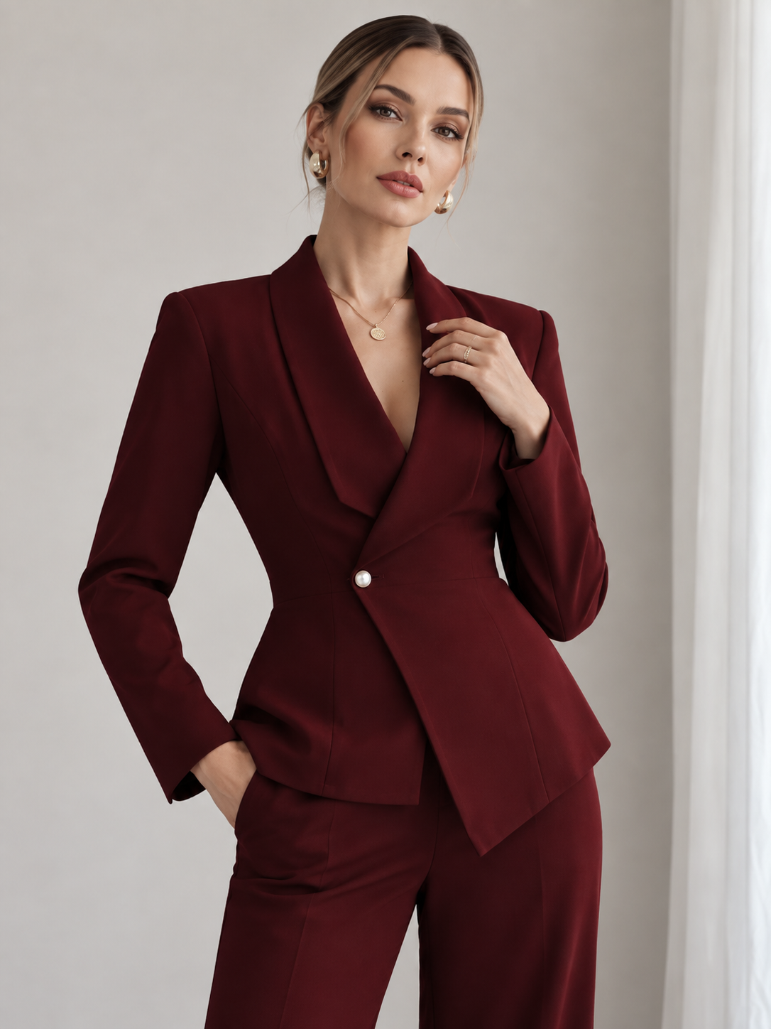Burgundy Fitted Blazer And Wide Leg Pants 2-Piece Suit