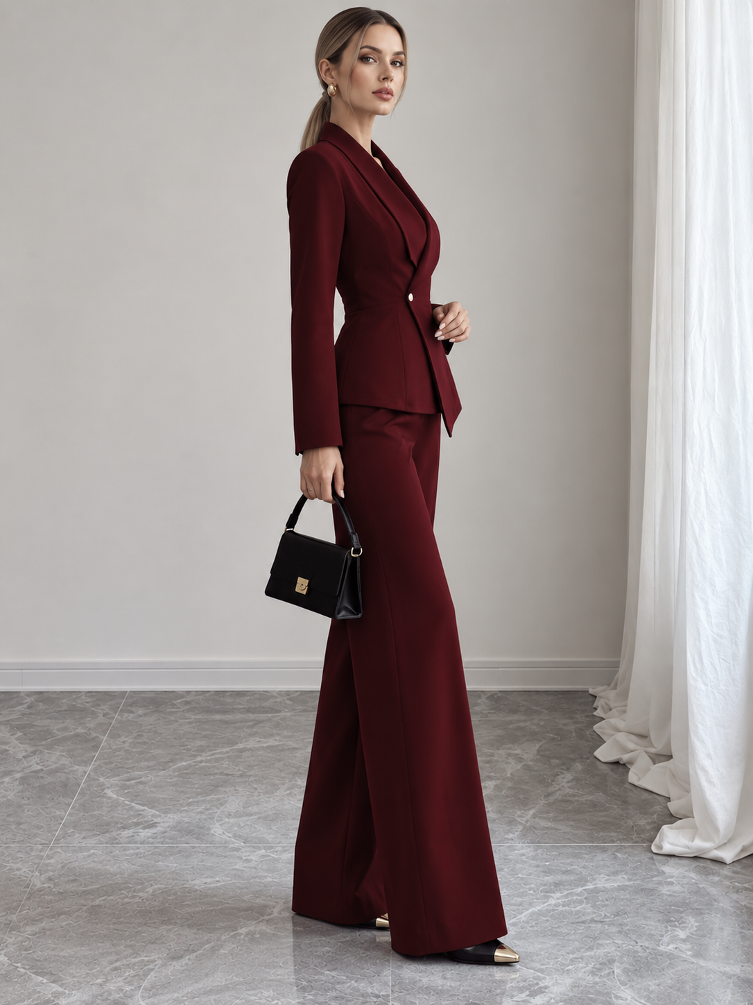 Burgundy Fitted Blazer And Wide Leg Pants 2-Piece Suit